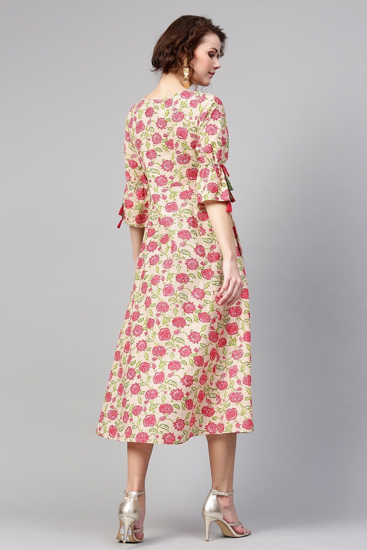 Women's Beige Pink Floral Tie-Up Sleeve Dress - SASSAFRAS