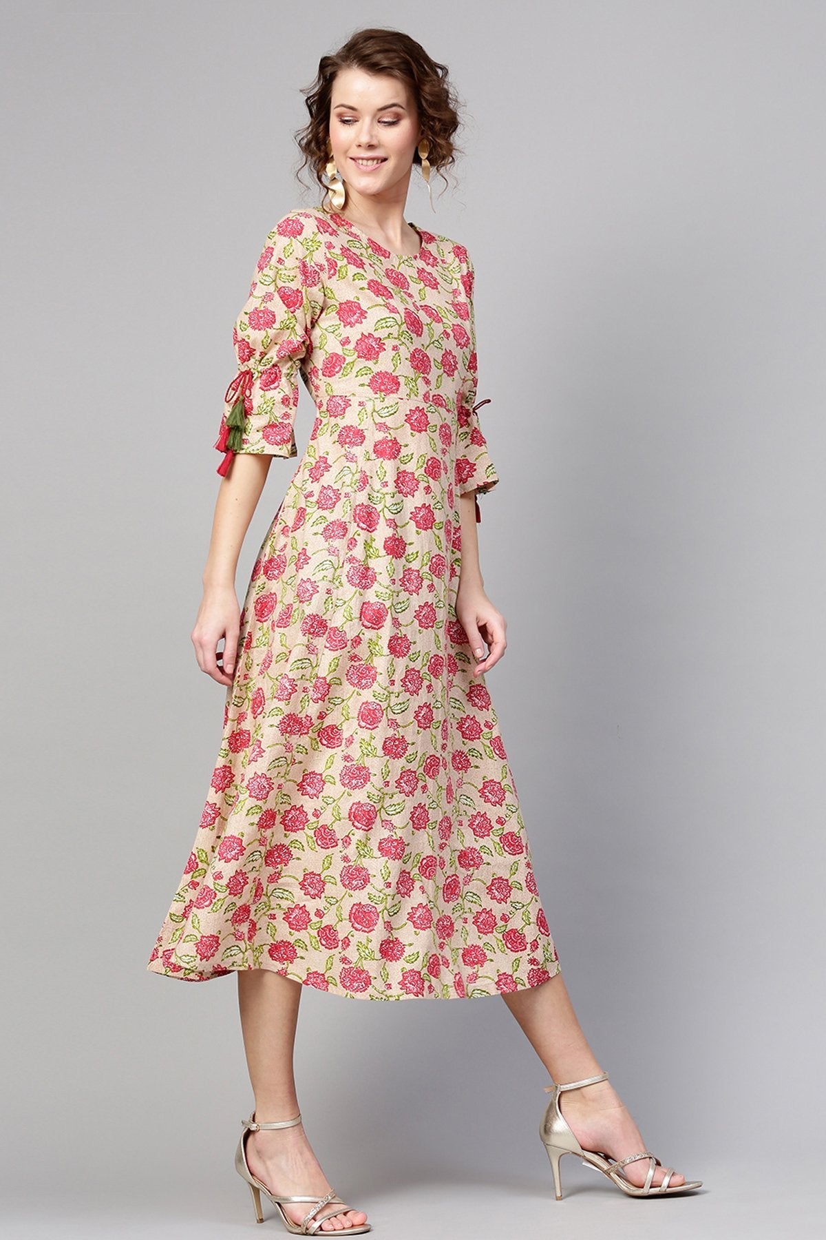 Women's Beige Pink Floral Tie-Up Sleeve Dress - SASSAFRAS