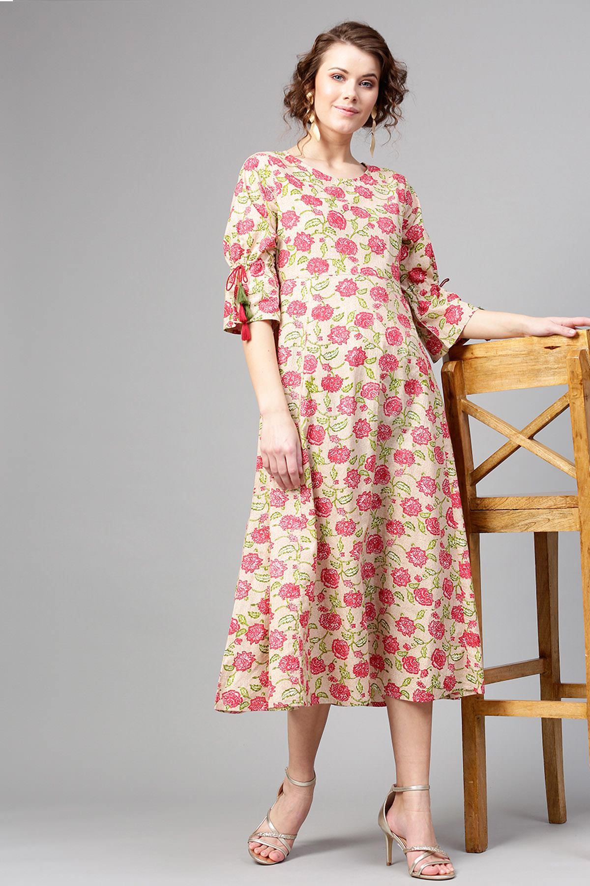 Women's Beige Pink Floral Tie-Up Sleeve Dress - SASSAFRAS