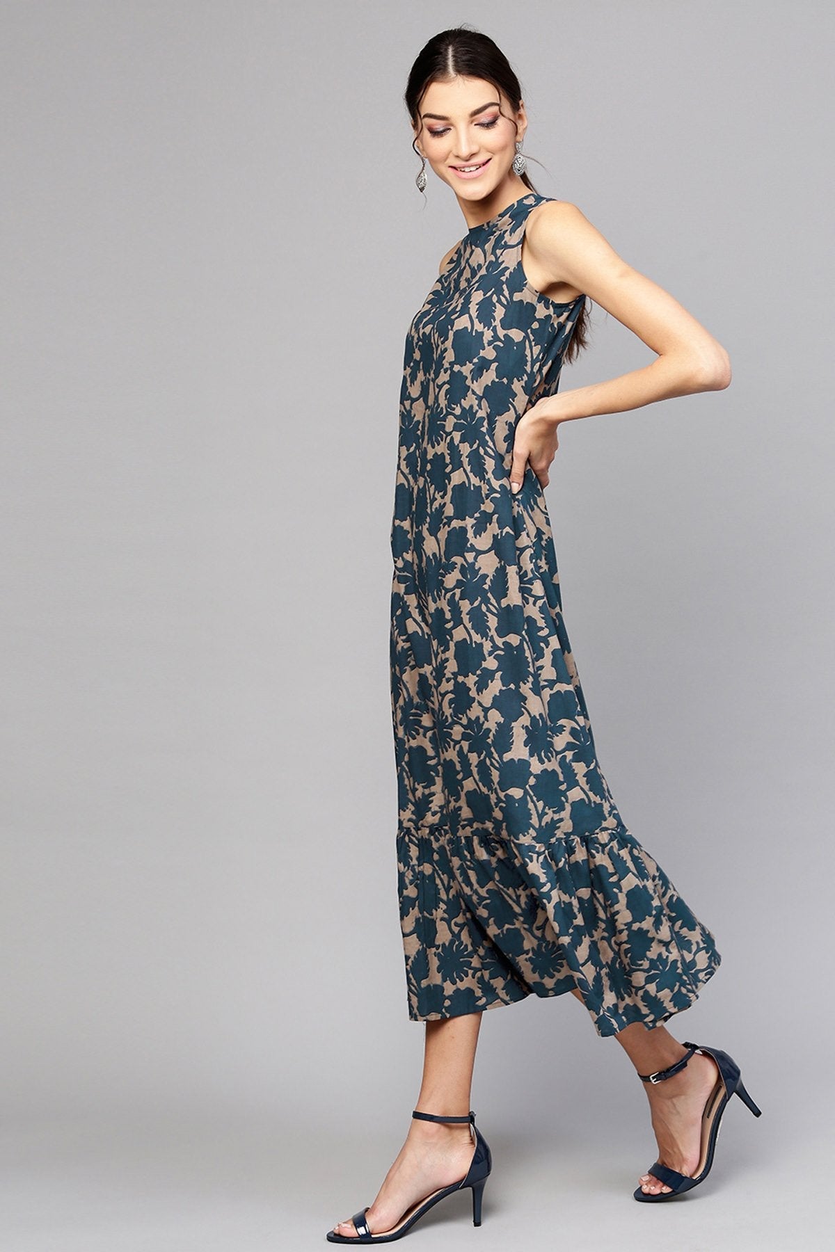 Women's Grey Indigo Floral Tiered Sleeveless Maxi - SASSAFRAS