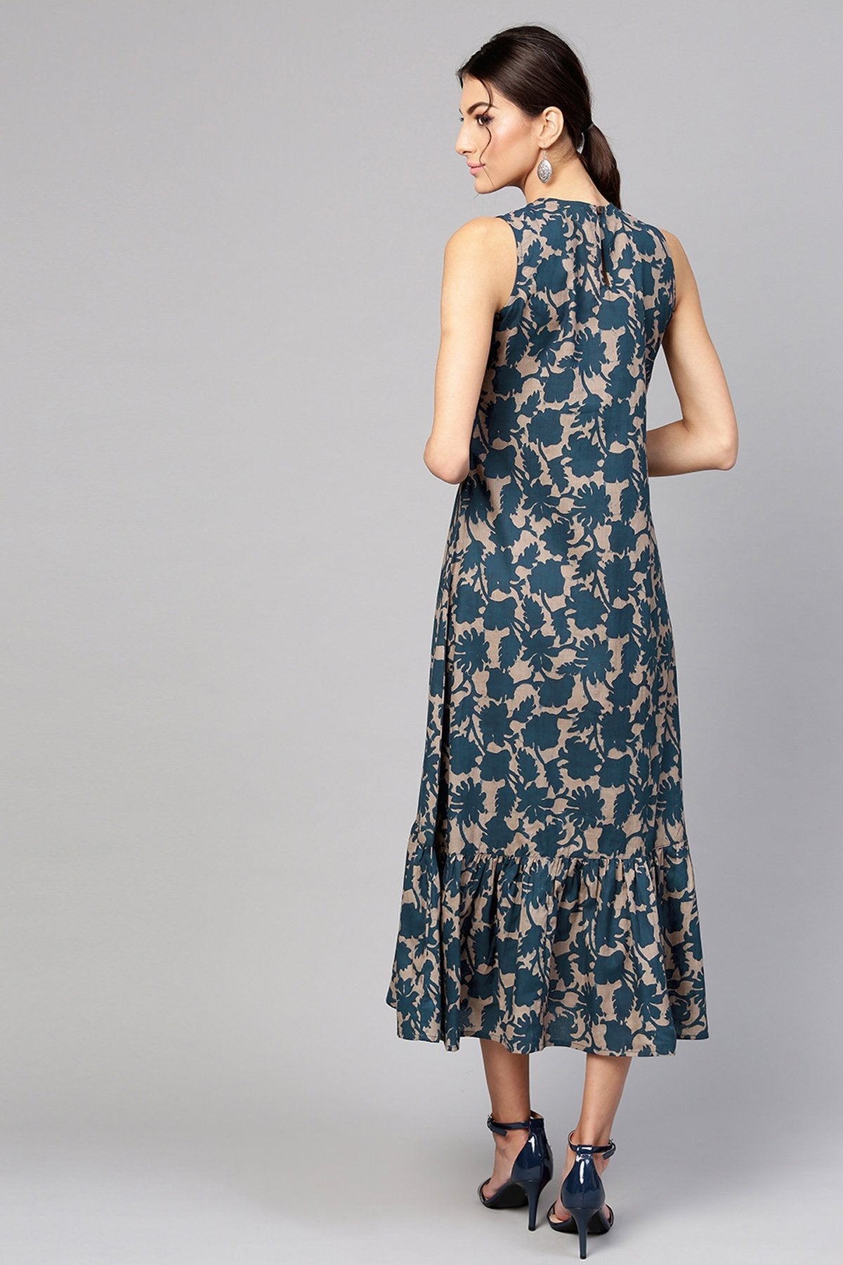 Women's Grey Indigo Floral Tiered Sleeveless Maxi - SASSAFRAS