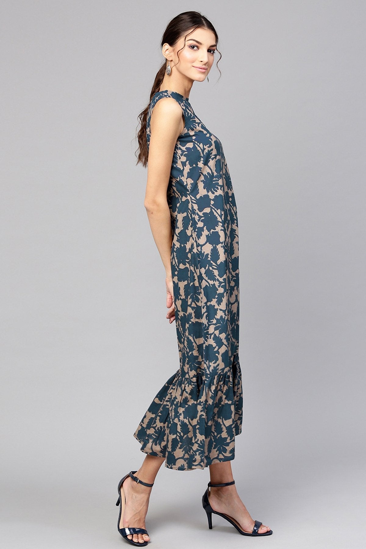 Women's Grey Indigo Floral Tiered Sleeveless Maxi - SASSAFRAS