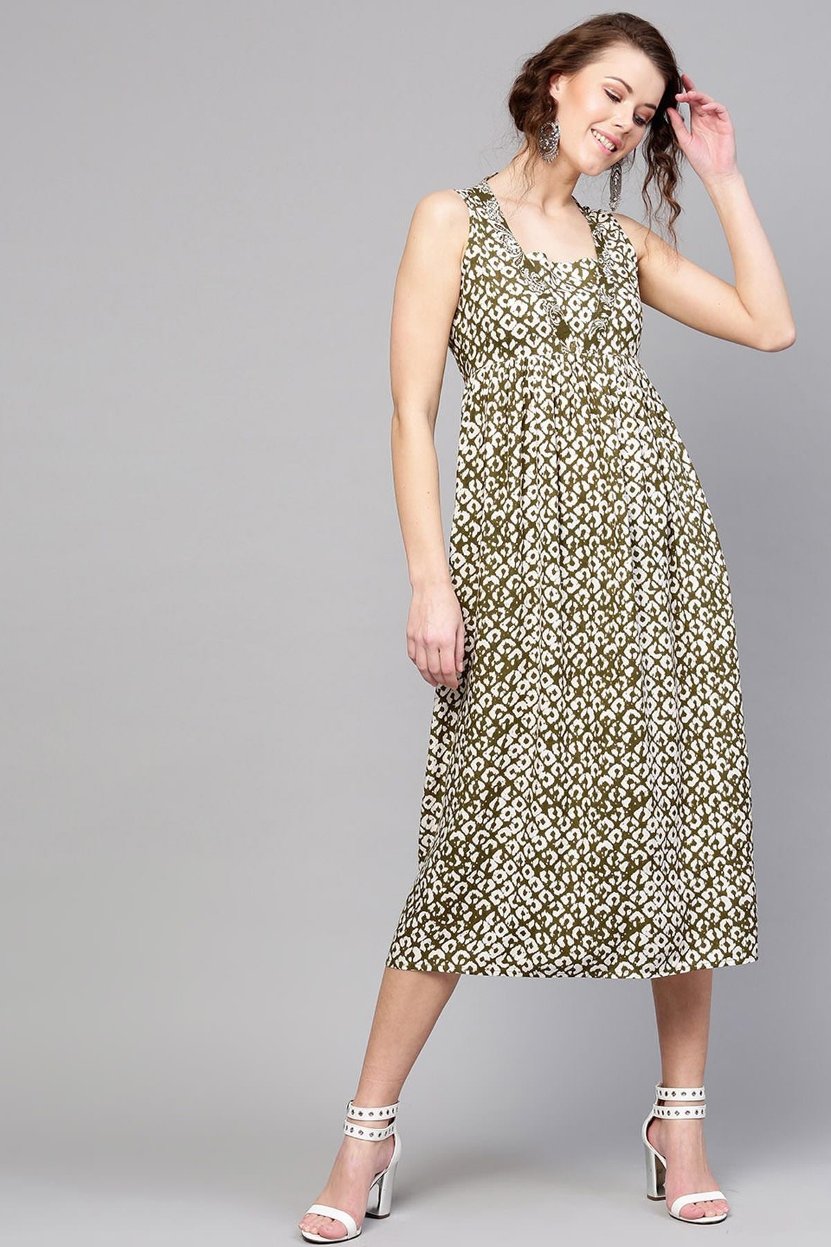 Women's Olive Geo Print Sleeveless Dress - SASSAFRAS