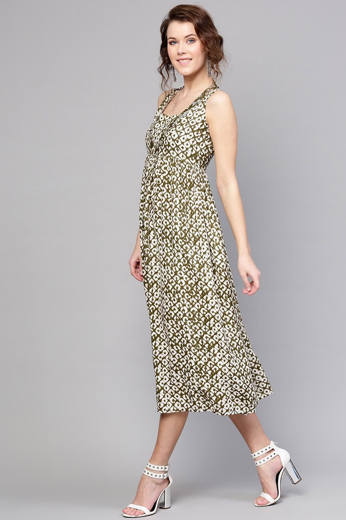 Women's Olive Geo Print Sleeveless Dress - SASSAFRAS