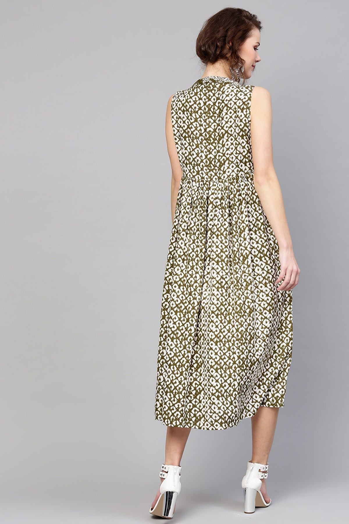 Women's Olive Geo Print Sleeveless Dress - SASSAFRAS