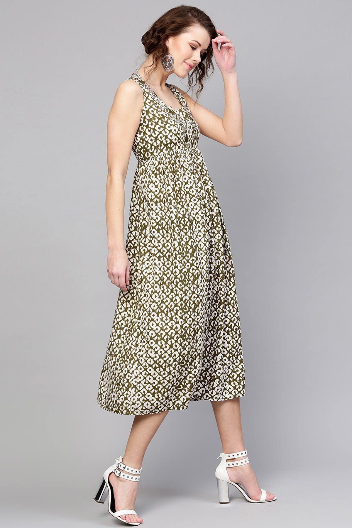 Women's Olive Geo Print Sleeveless Dress - SASSAFRAS