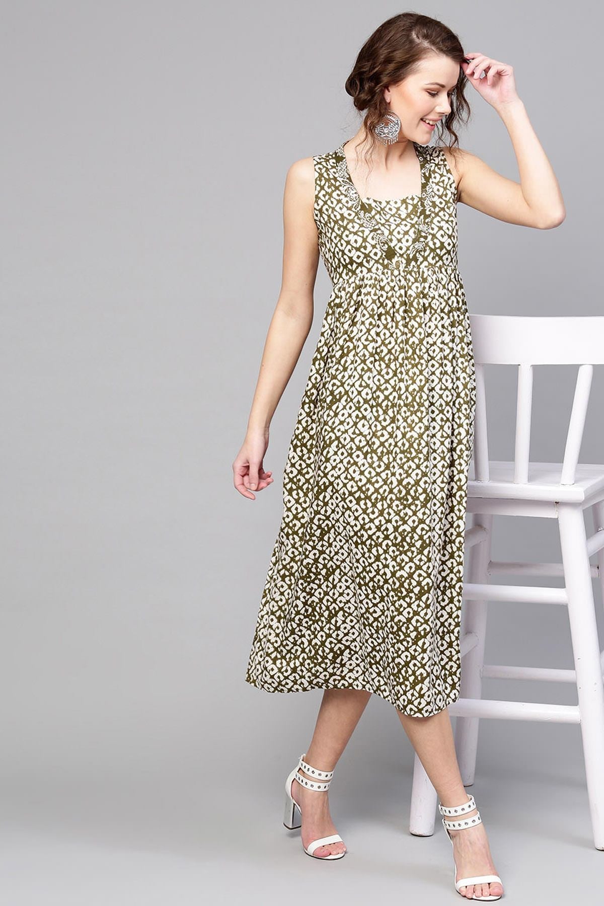 Women's Olive Geo Print Sleeveless Dress - SASSAFRAS