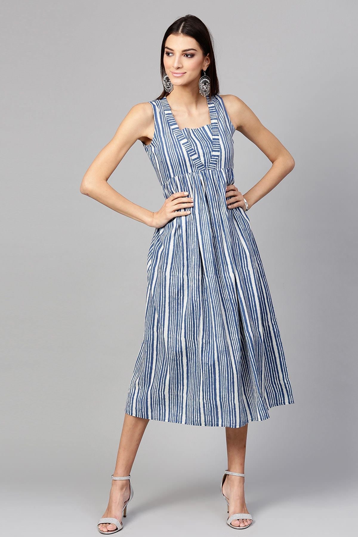 Women's Indigo Stripe Sleeveless Dress - SASSAFRAS