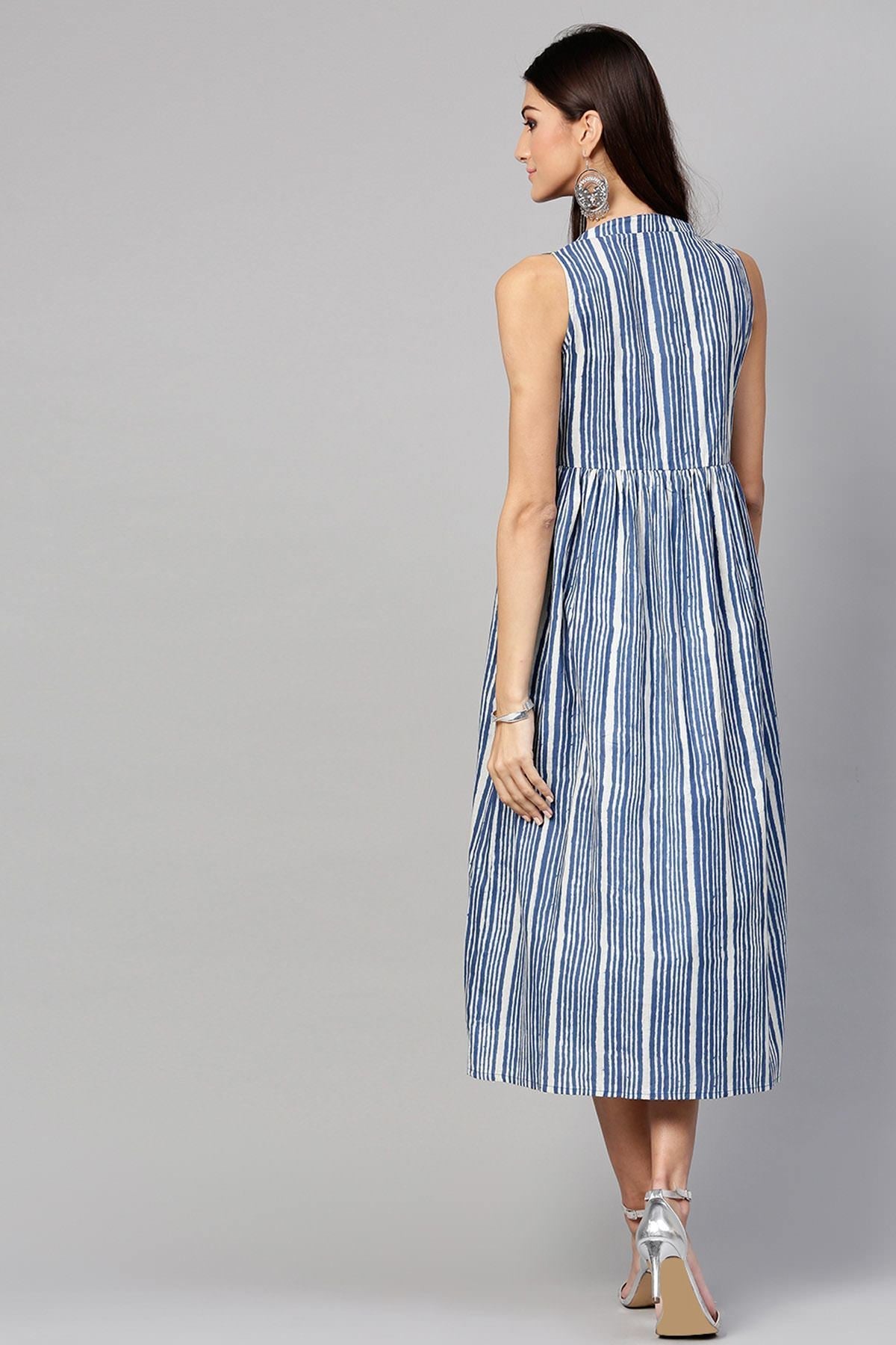 Women's Indigo Stripe Sleeveless Dress - SASSAFRAS