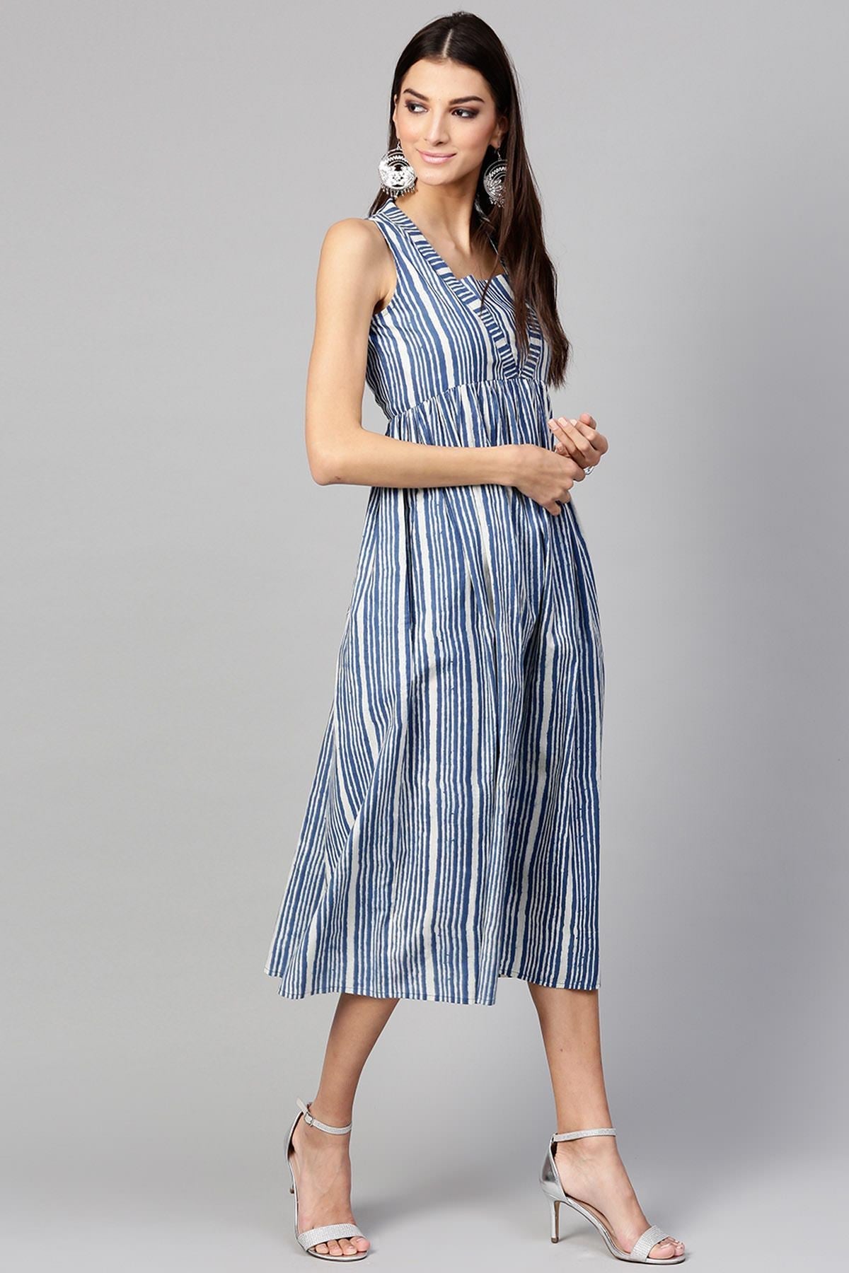 Women's Indigo Stripe Sleeveless Dress - SASSAFRAS