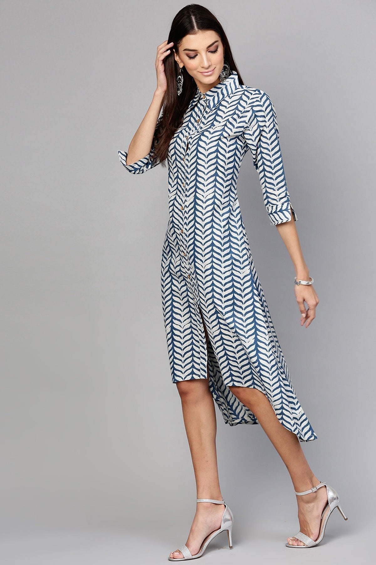 Women's Indigo Leaf Printed High Low Dress - SASSAFRAS