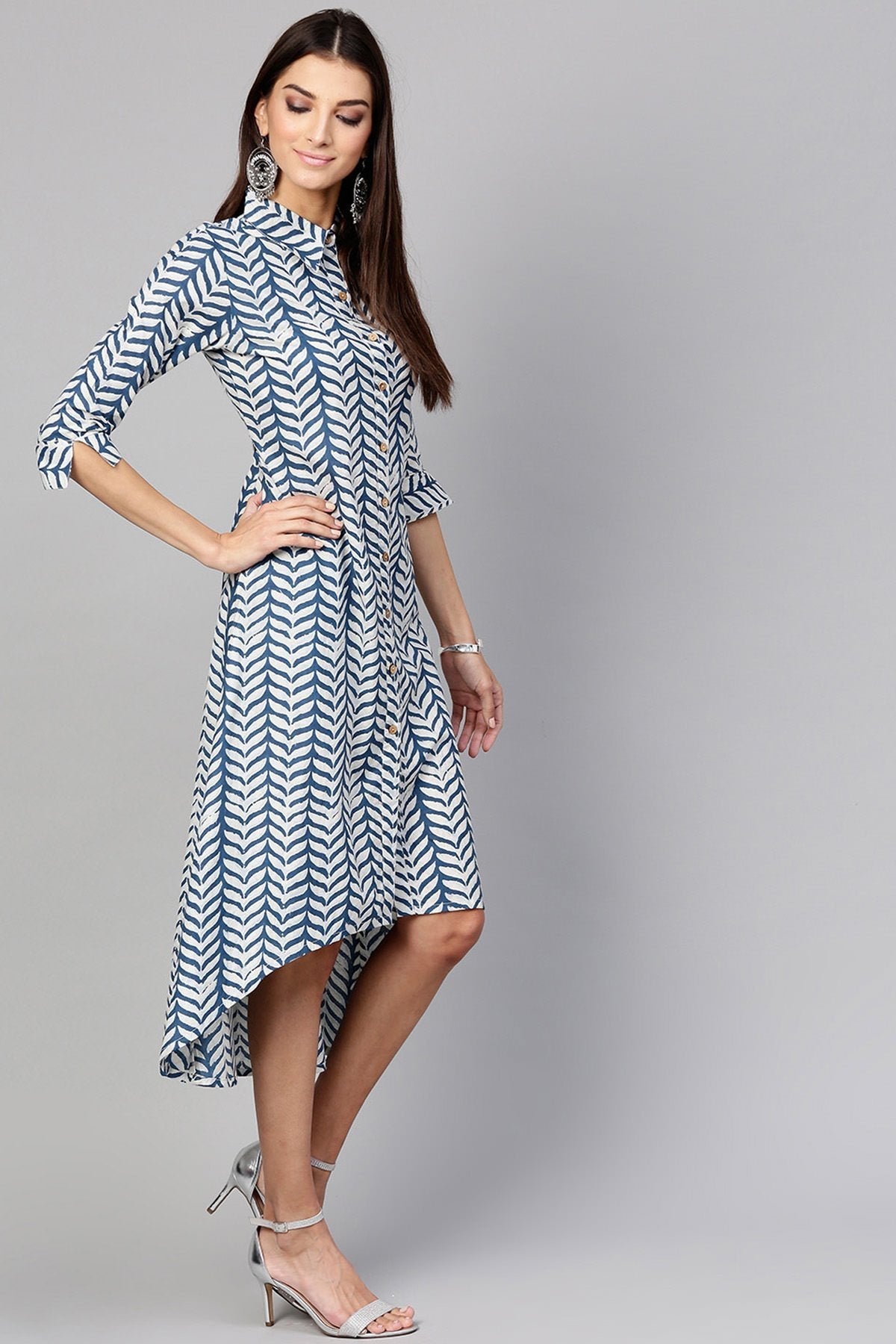 Women's Indigo Leaf Printed High Low Dress - SASSAFRAS