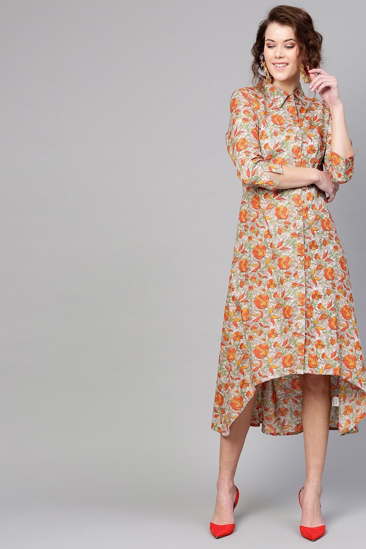 Women's Grey Orange Floral High Low Dress - SASSAFRAS