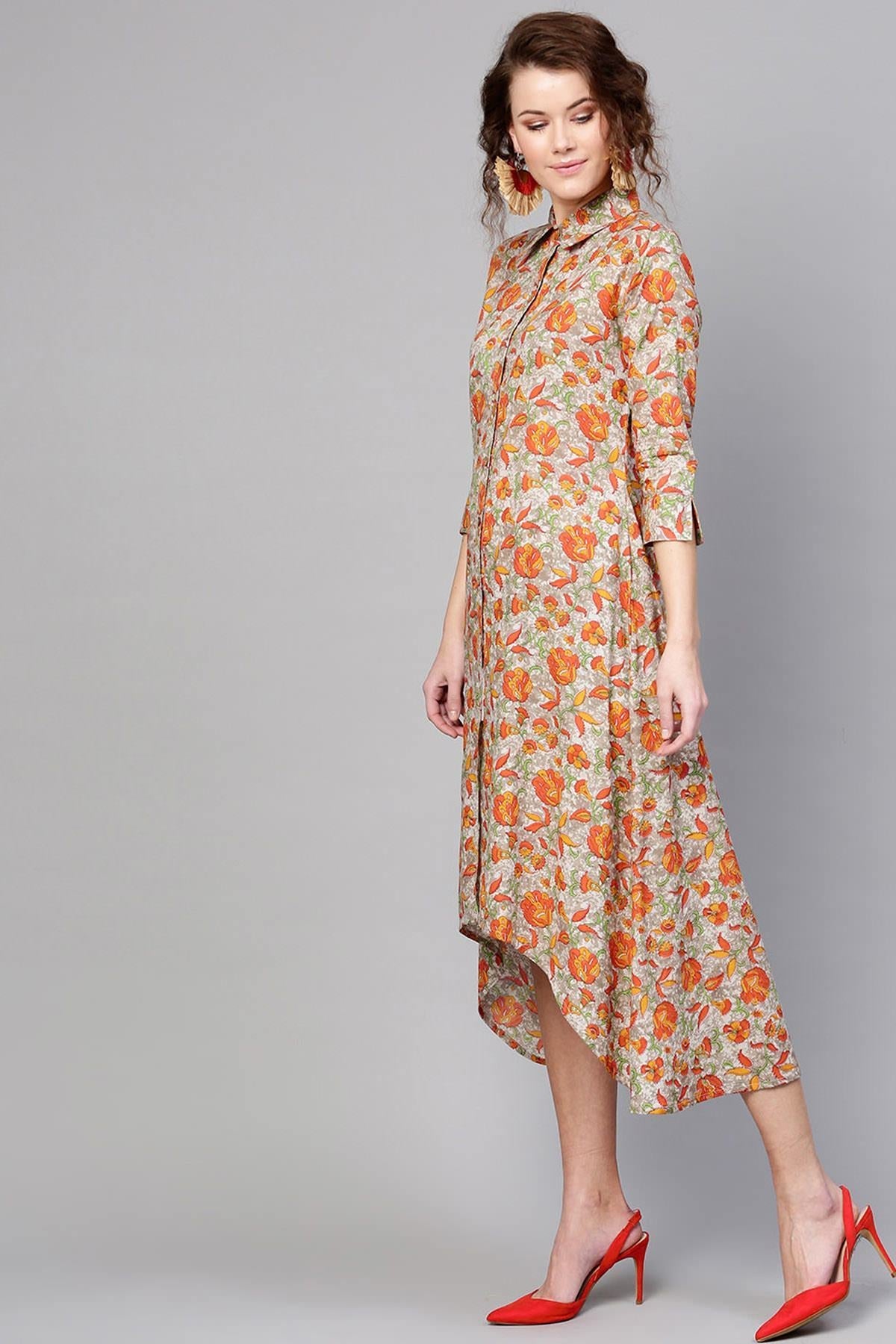 Women's Grey Orange Floral High Low Dress - SASSAFRAS