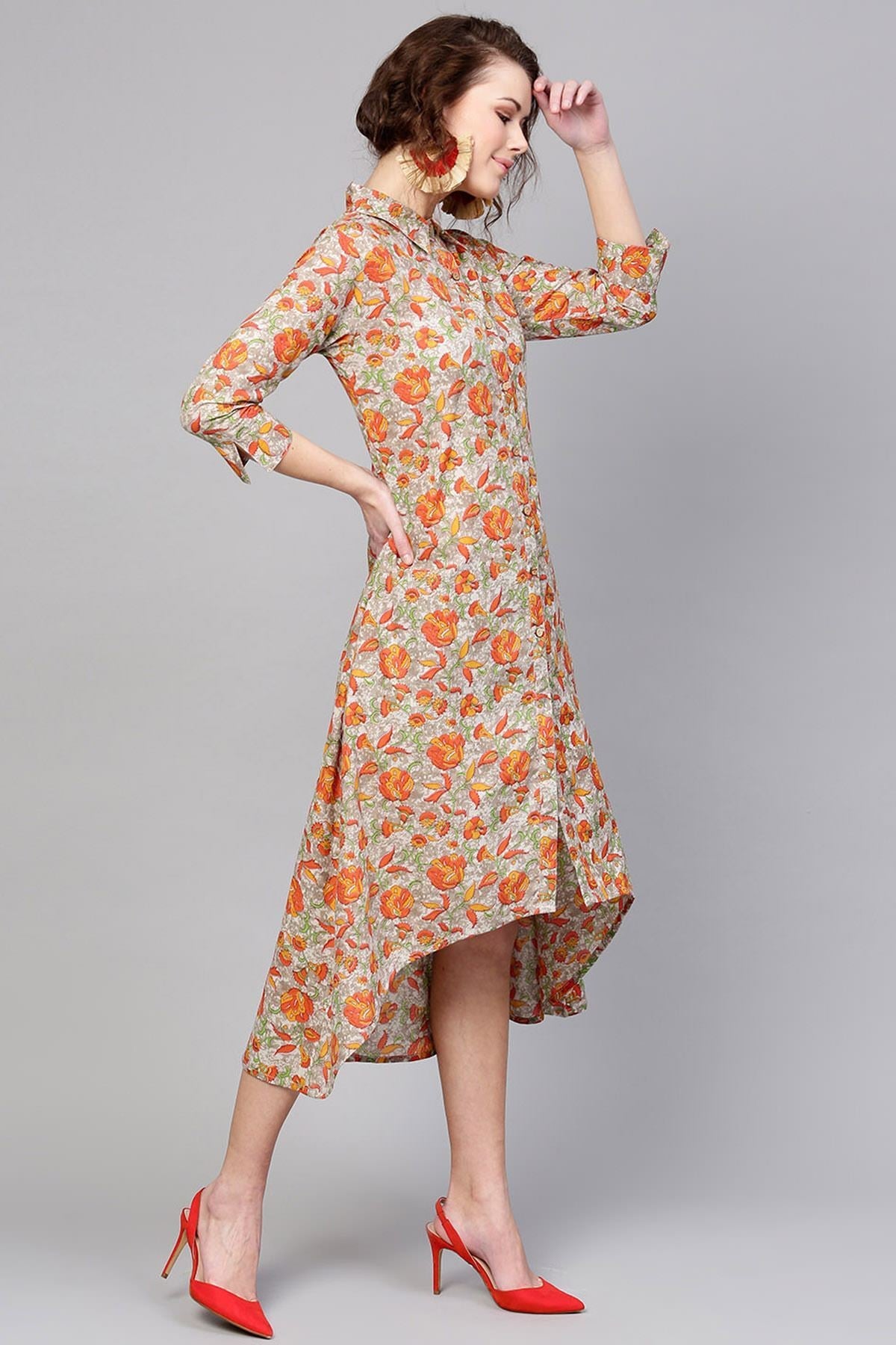 Women's Grey Orange Floral High Low Dress - SASSAFRAS