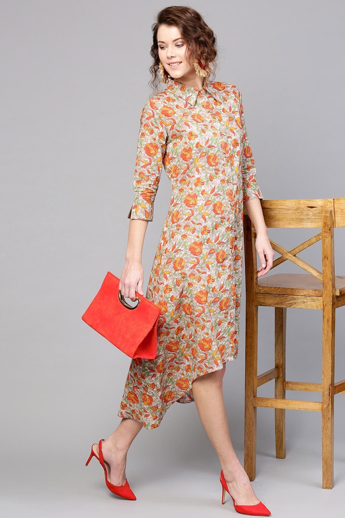 Women's Grey Orange Floral High Low Dress - SASSAFRAS