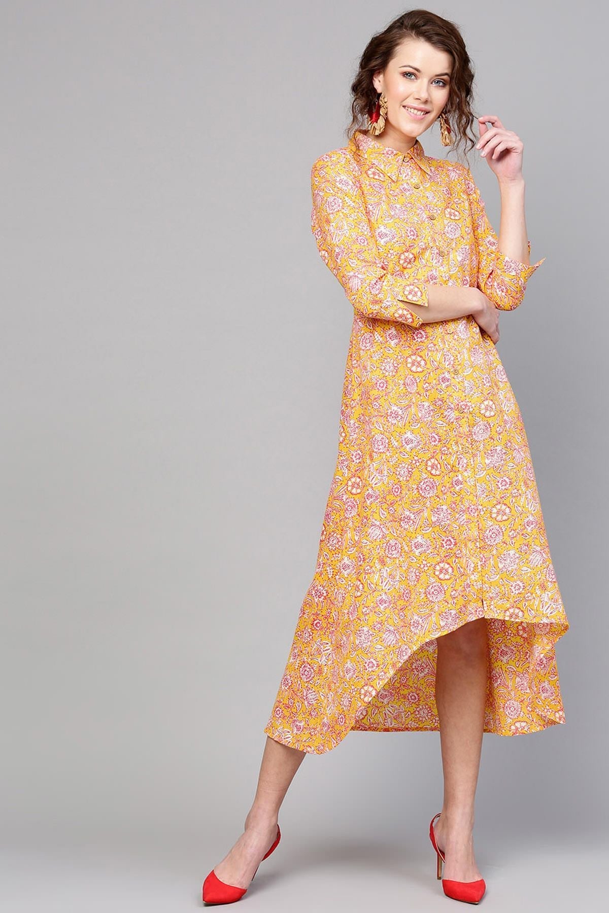 Women's Yellow Pink Floral High Low Dress - SASSAFRAS