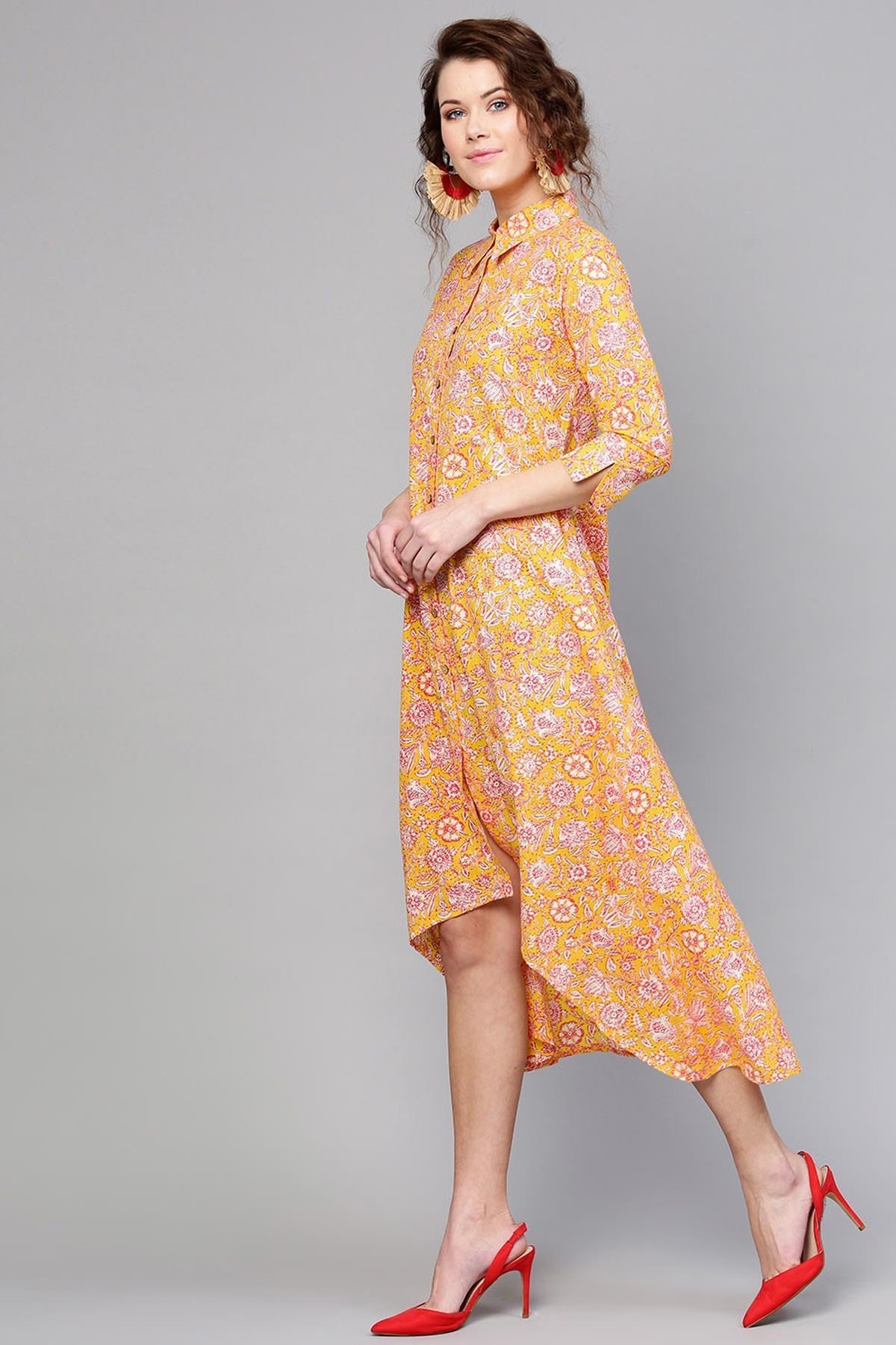 Women's Yellow Pink Floral High Low Dress - SASSAFRAS