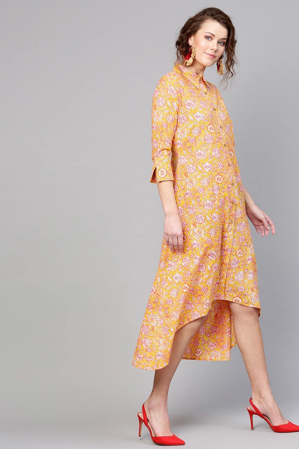 Women's Yellow Pink Floral High Low Dress - SASSAFRAS