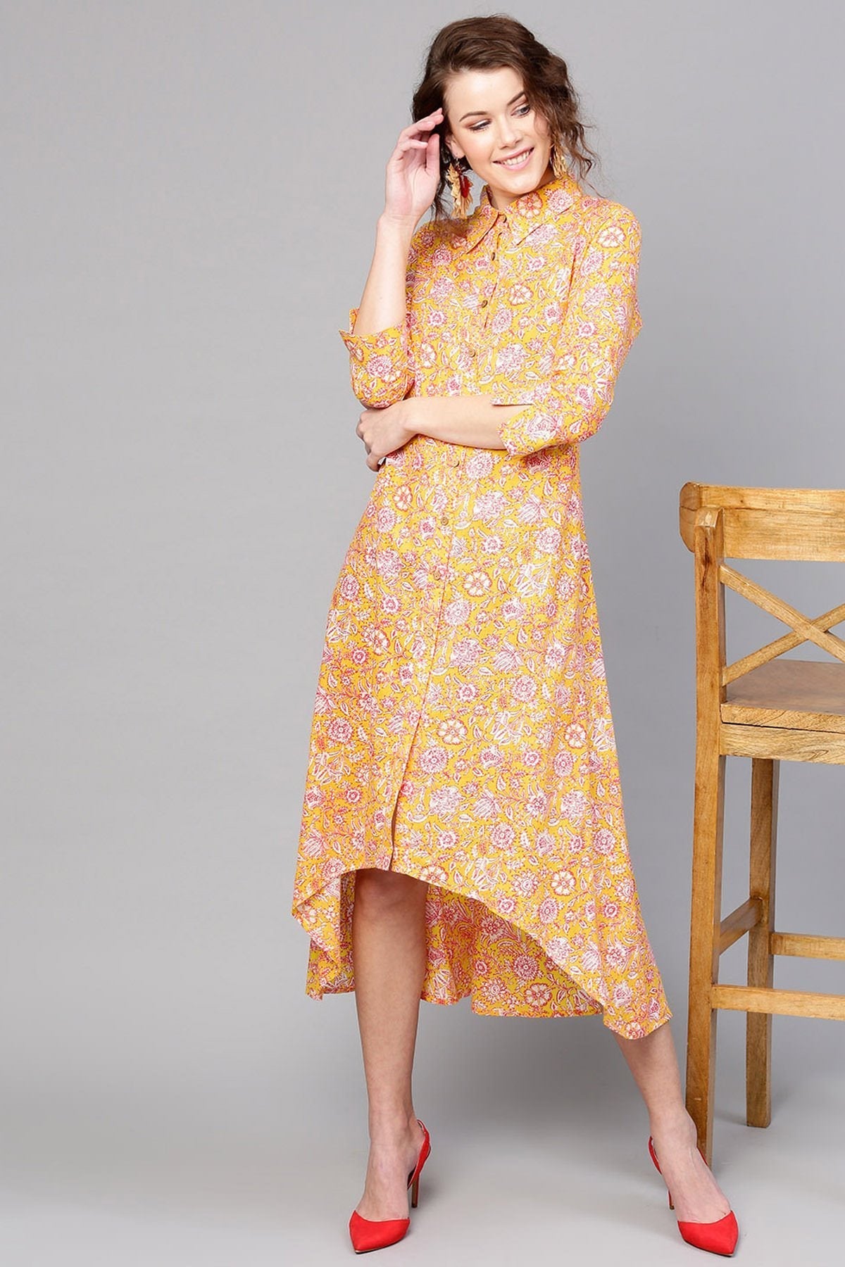 Women's Yellow Pink Floral High Low Dress - SASSAFRAS