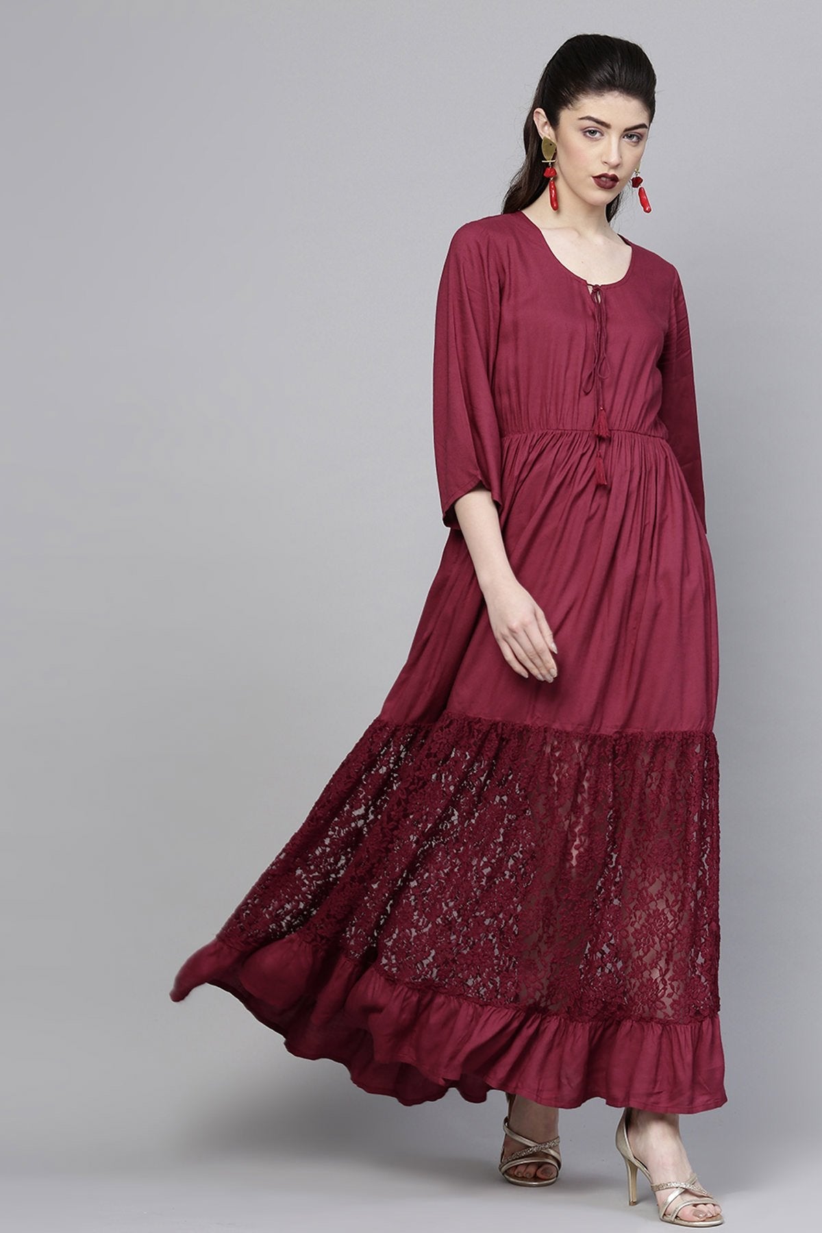 Women's Wine Lace Insert Tiered Maxi - SASSAFRAS