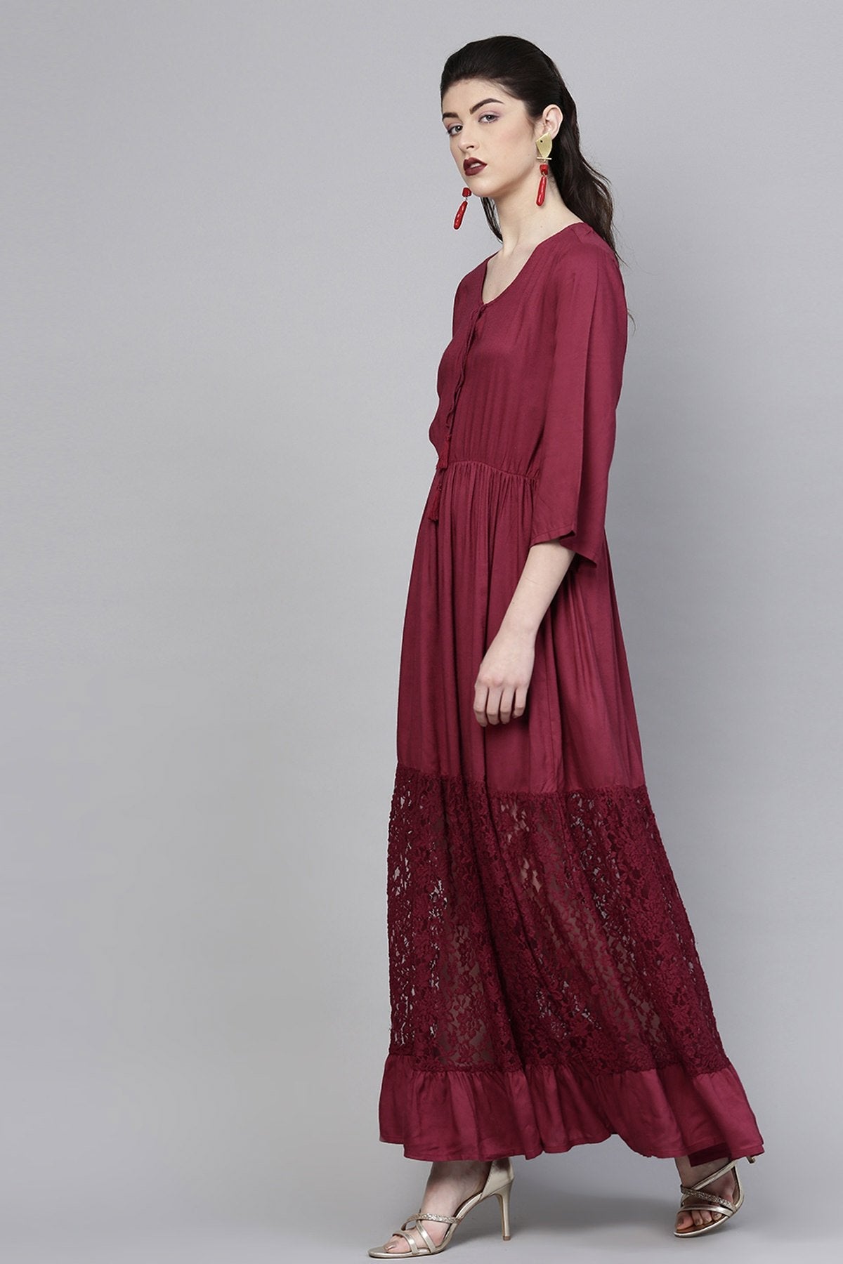 Women's Wine Lace Insert Tiered Maxi - SASSAFRAS