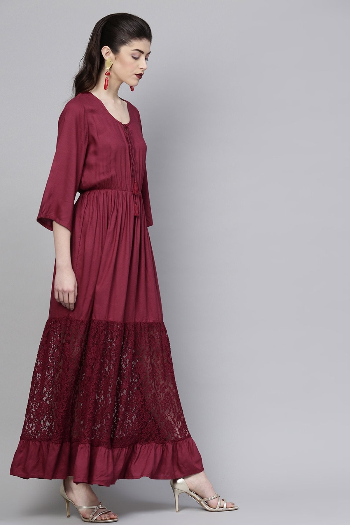 Women's Wine Lace Insert Tiered Maxi - SASSAFRAS