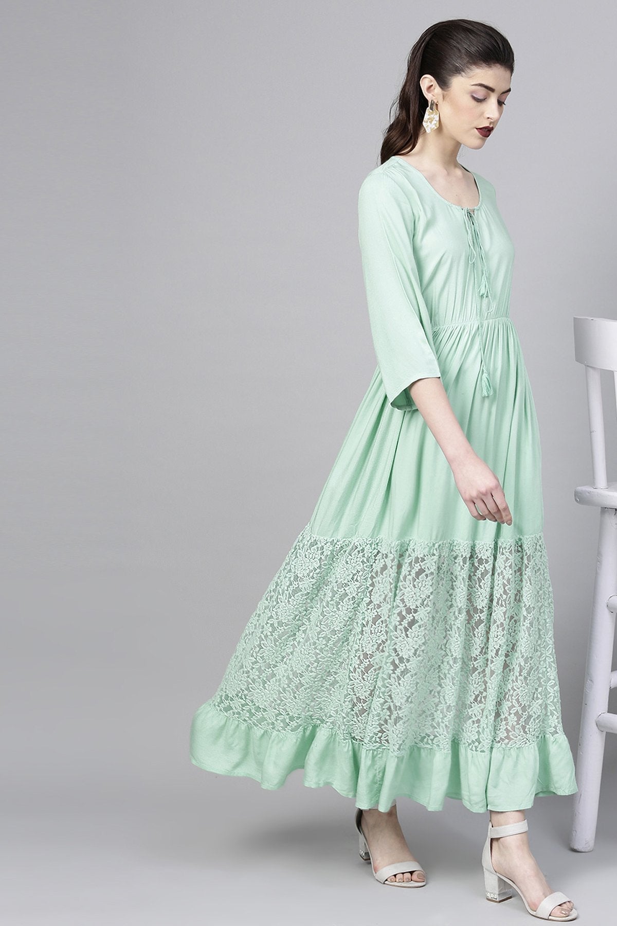 Women's Mint Blue Lace Insert Tiered Maxi - SASSAFRAS