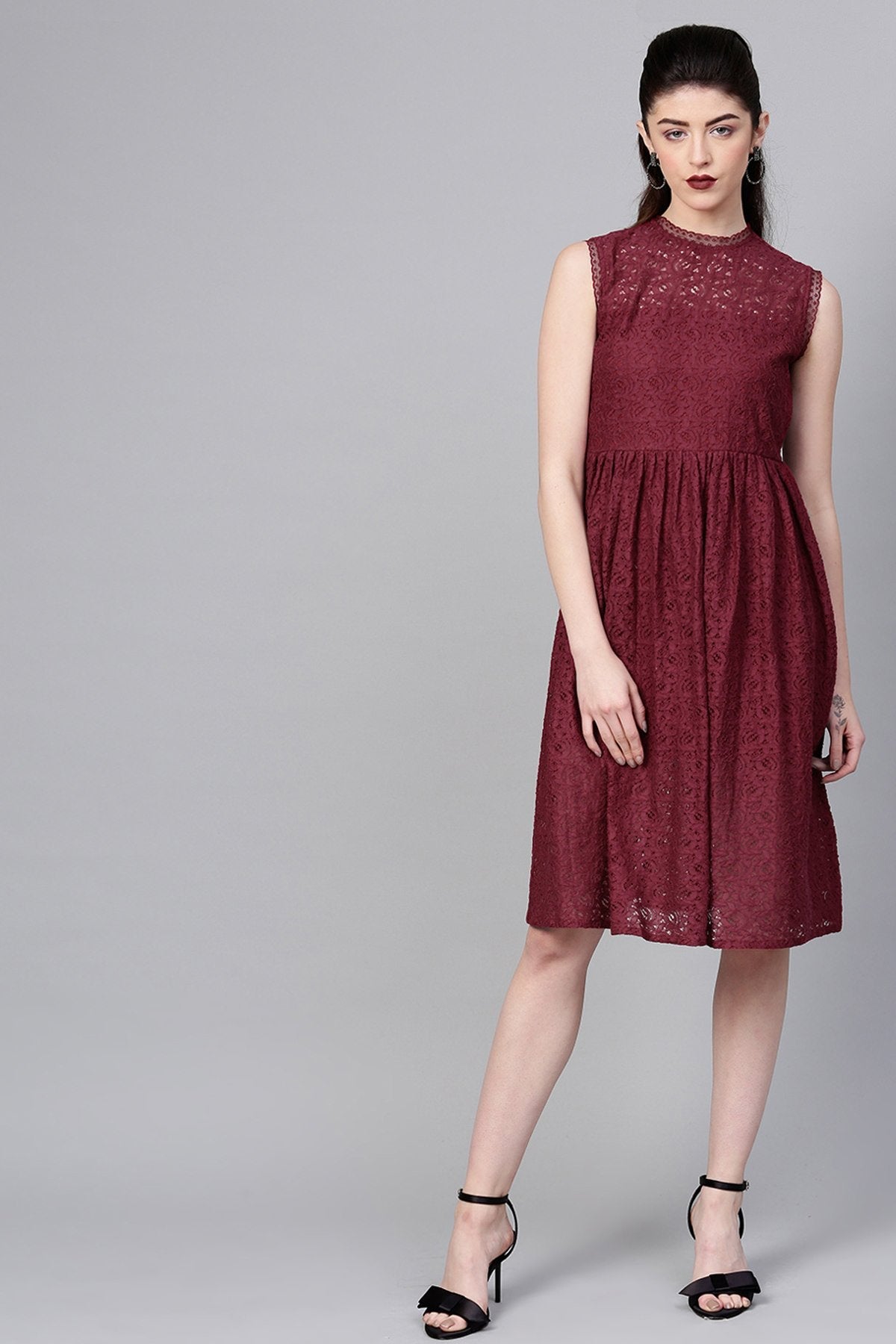 Women's Wine Sleeveless Lace Neck Midi - SASSAFRAS