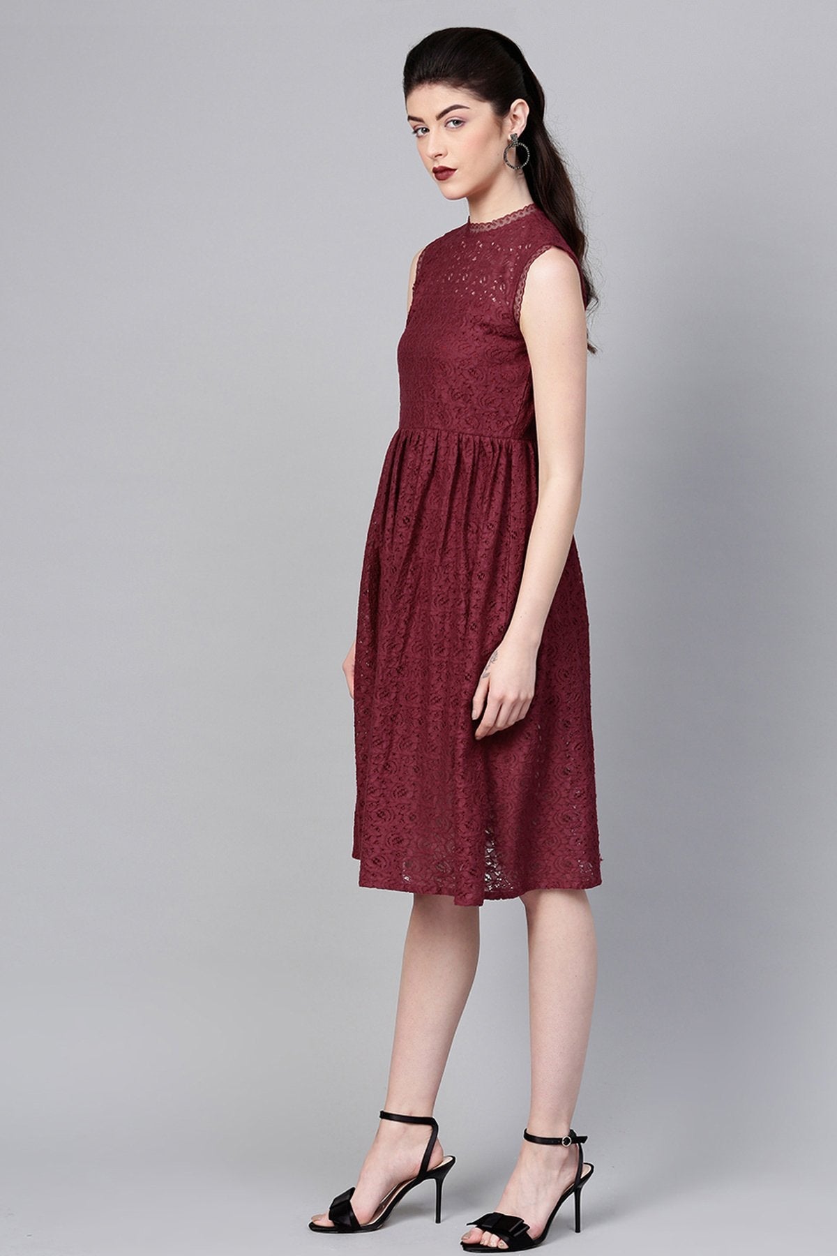 Women's Wine Sleeveless Lace Neck Midi - SASSAFRAS