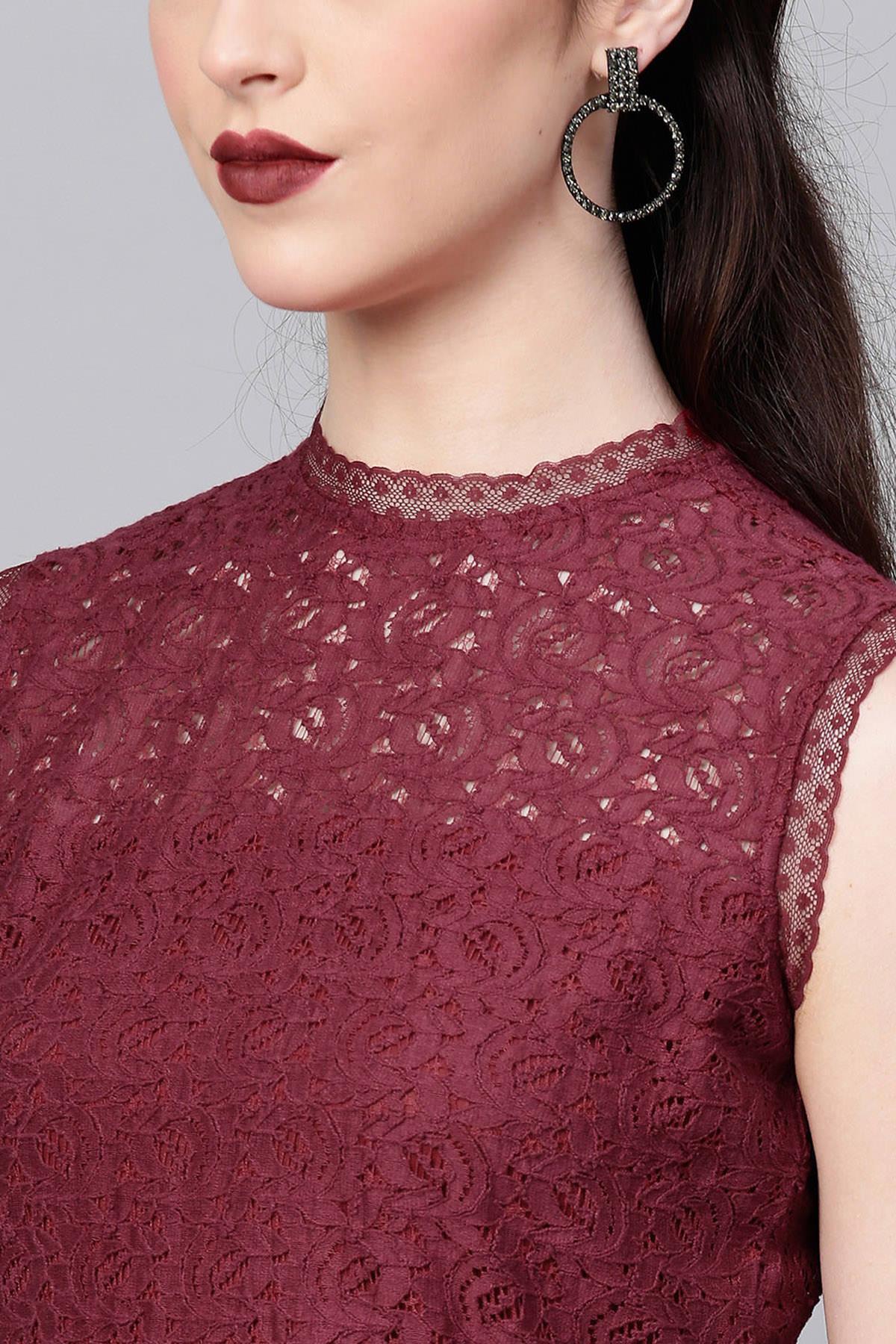 Women's Wine Sleeveless Lace Neck Midi - SASSAFRAS