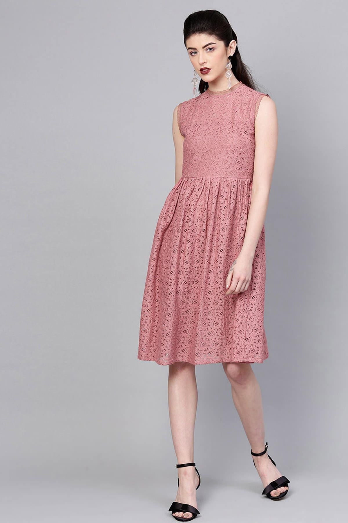 Women's Onion Pink Sleeveless Lace Neck Midi - SASSAFRAS