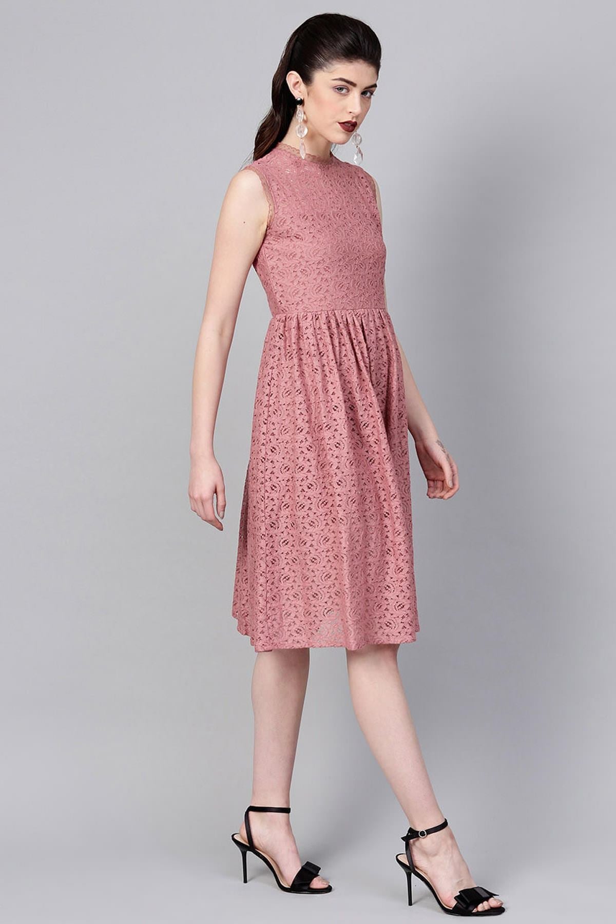 Women's Onion Pink Sleeveless Lace Neck Midi - SASSAFRAS