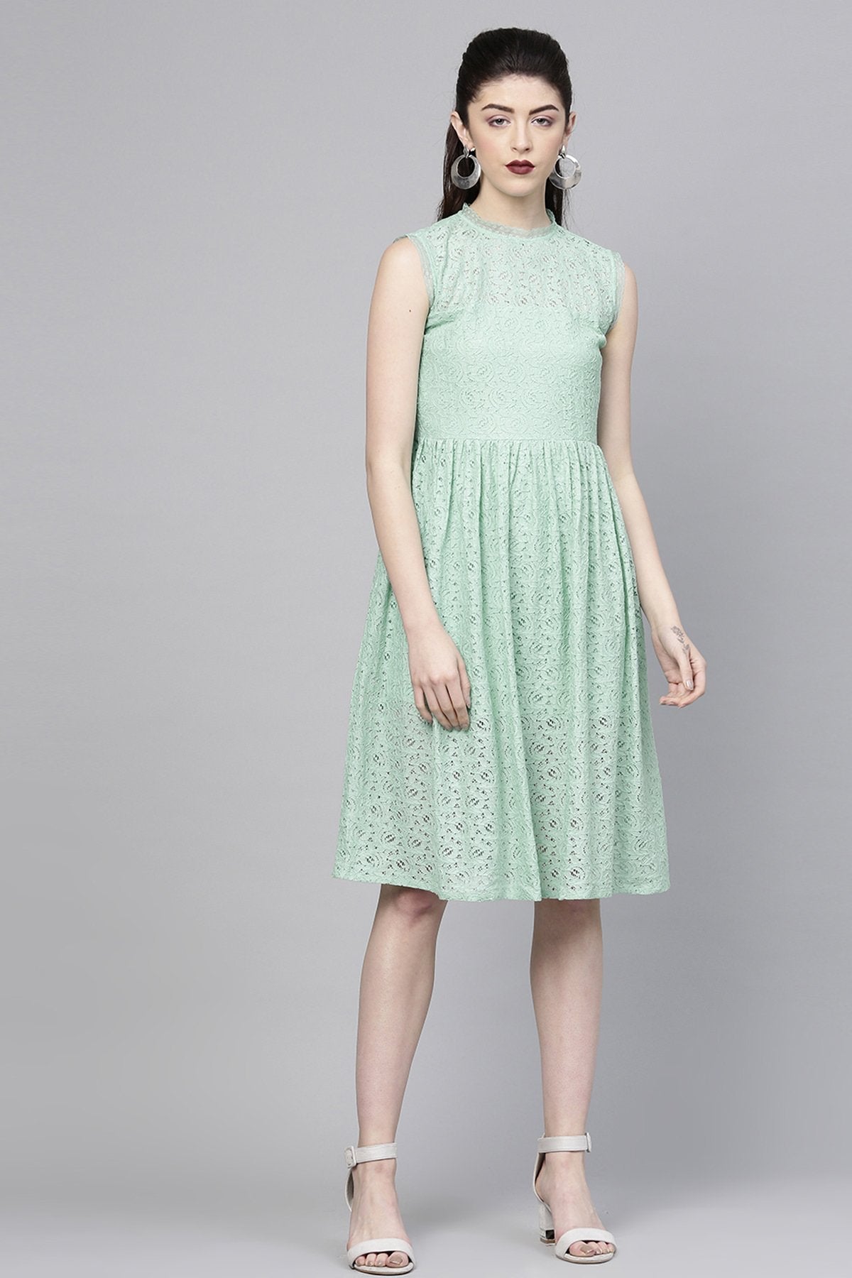 Women's Mint Blue Sleeveless Lace Neck Midi - SASSAFRAS