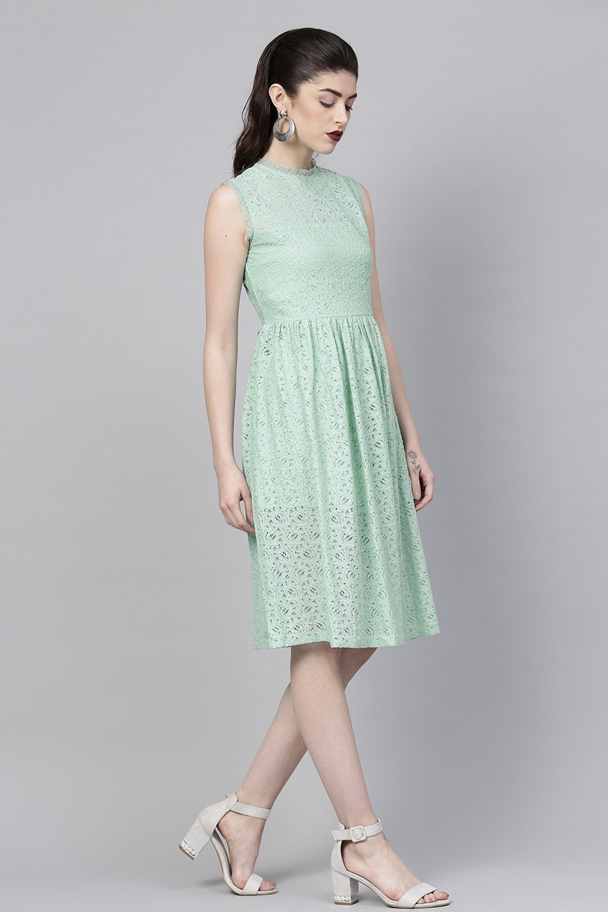 Women's Mint Blue Sleeveless Lace Neck Midi - SASSAFRAS