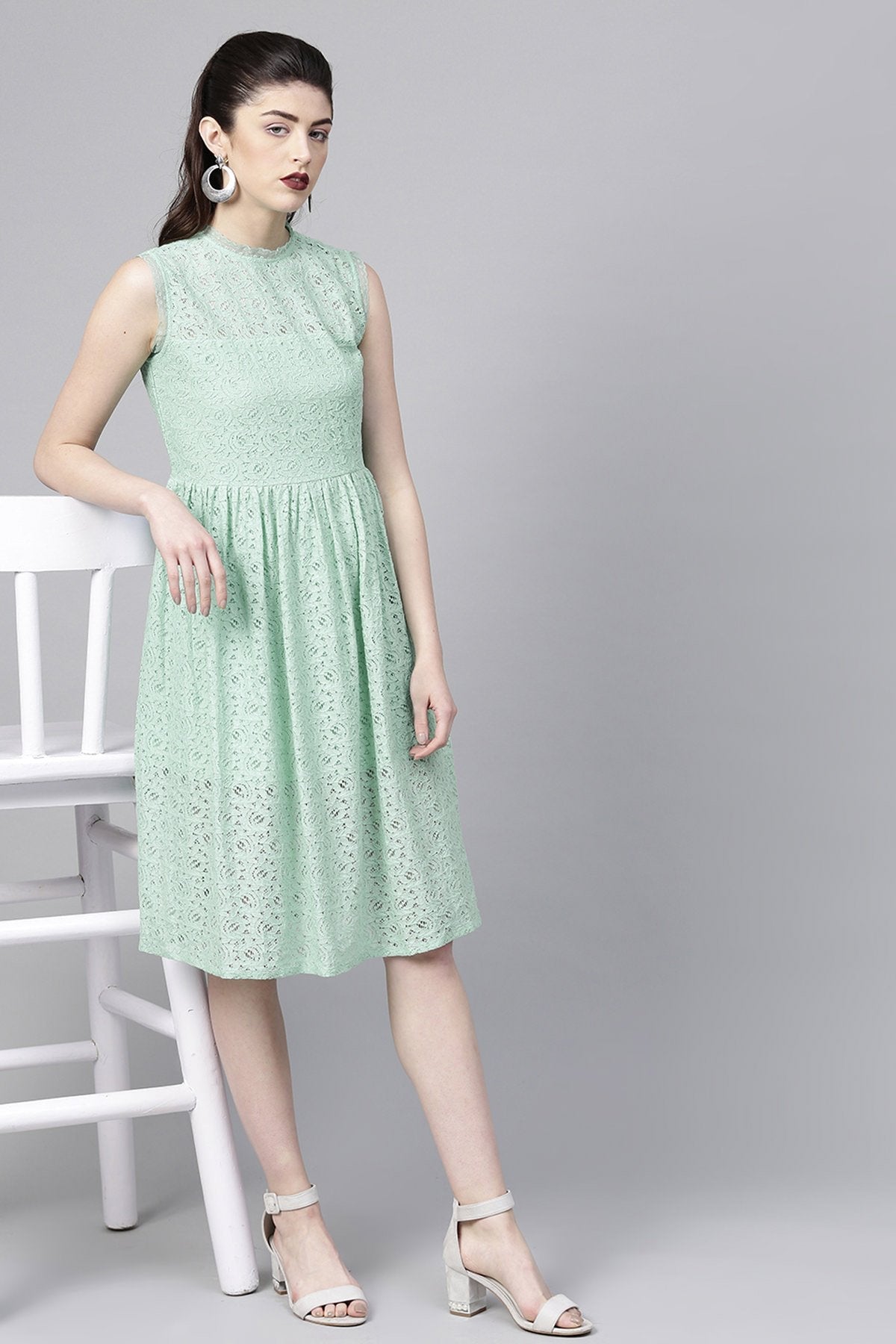 Women's Mint Blue Sleeveless Lace Neck Midi - SASSAFRAS