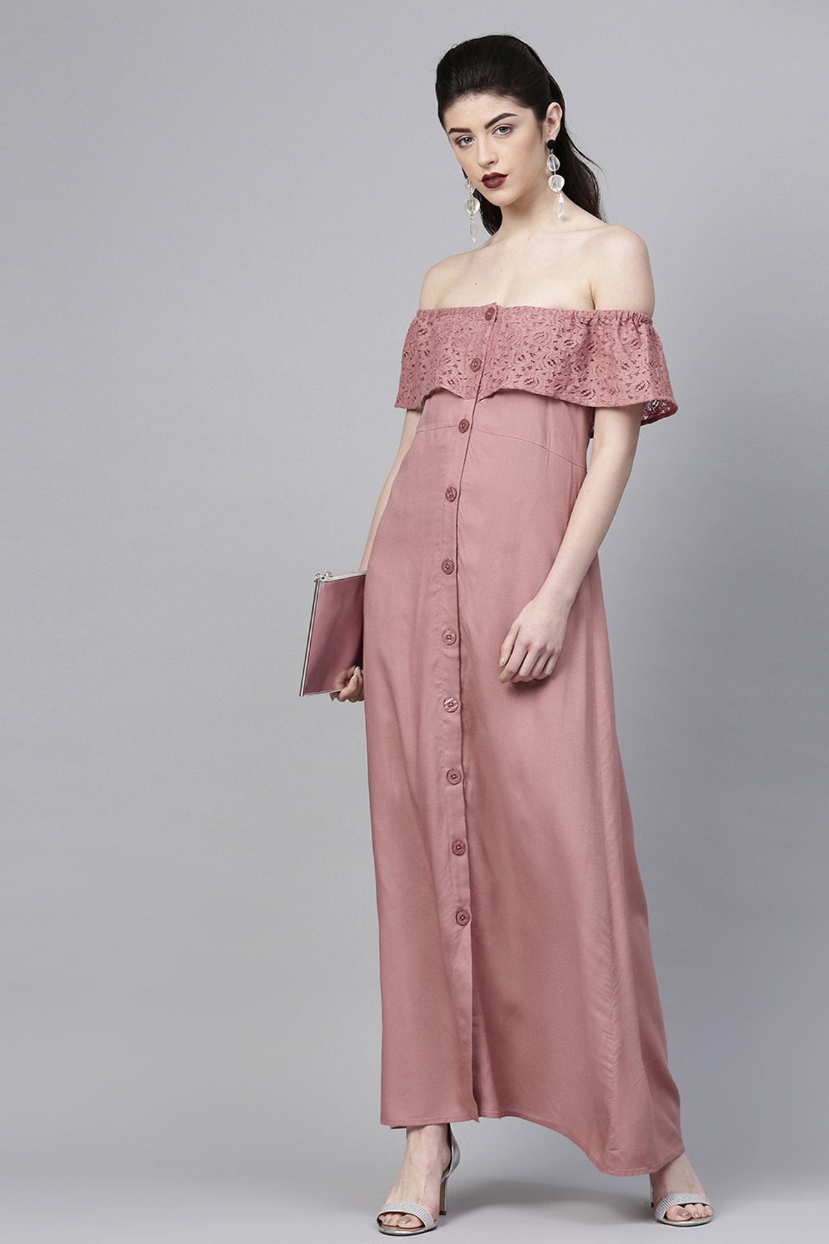 Women's Onion Pink Lace Frill Off Shoulder Maxi - SASSAFRAS