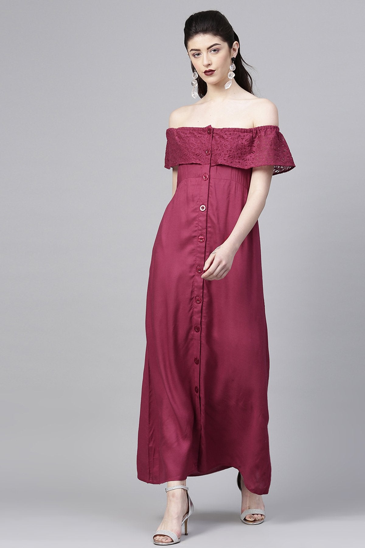 Women's Wine Lace Frill Off Shoulder Maxi - SASSAFRAS