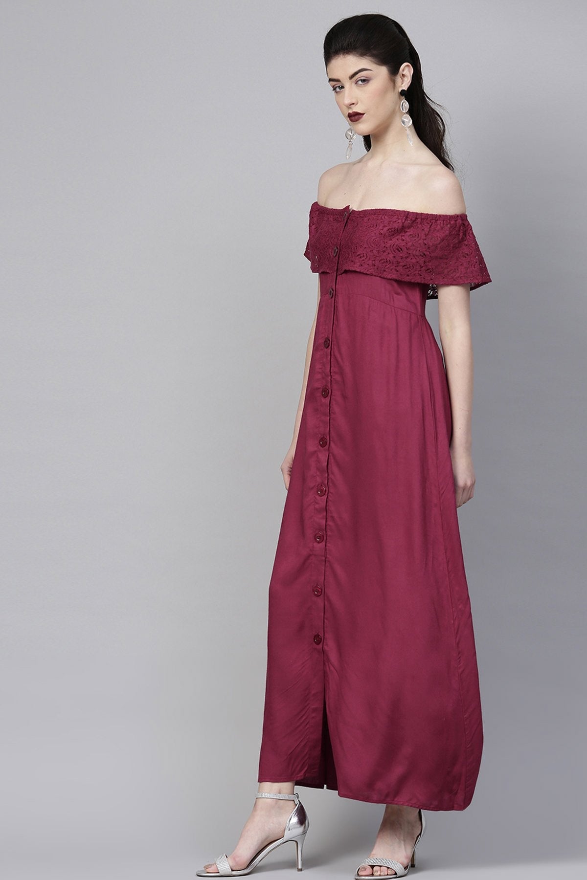 Women's Wine Lace Frill Off Shoulder Maxi - SASSAFRAS