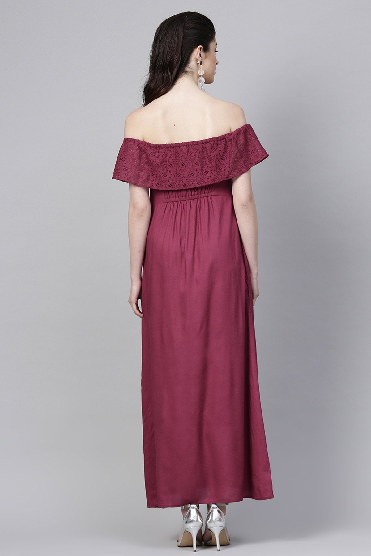 Women's Wine Lace Frill Off Shoulder Maxi - SASSAFRAS