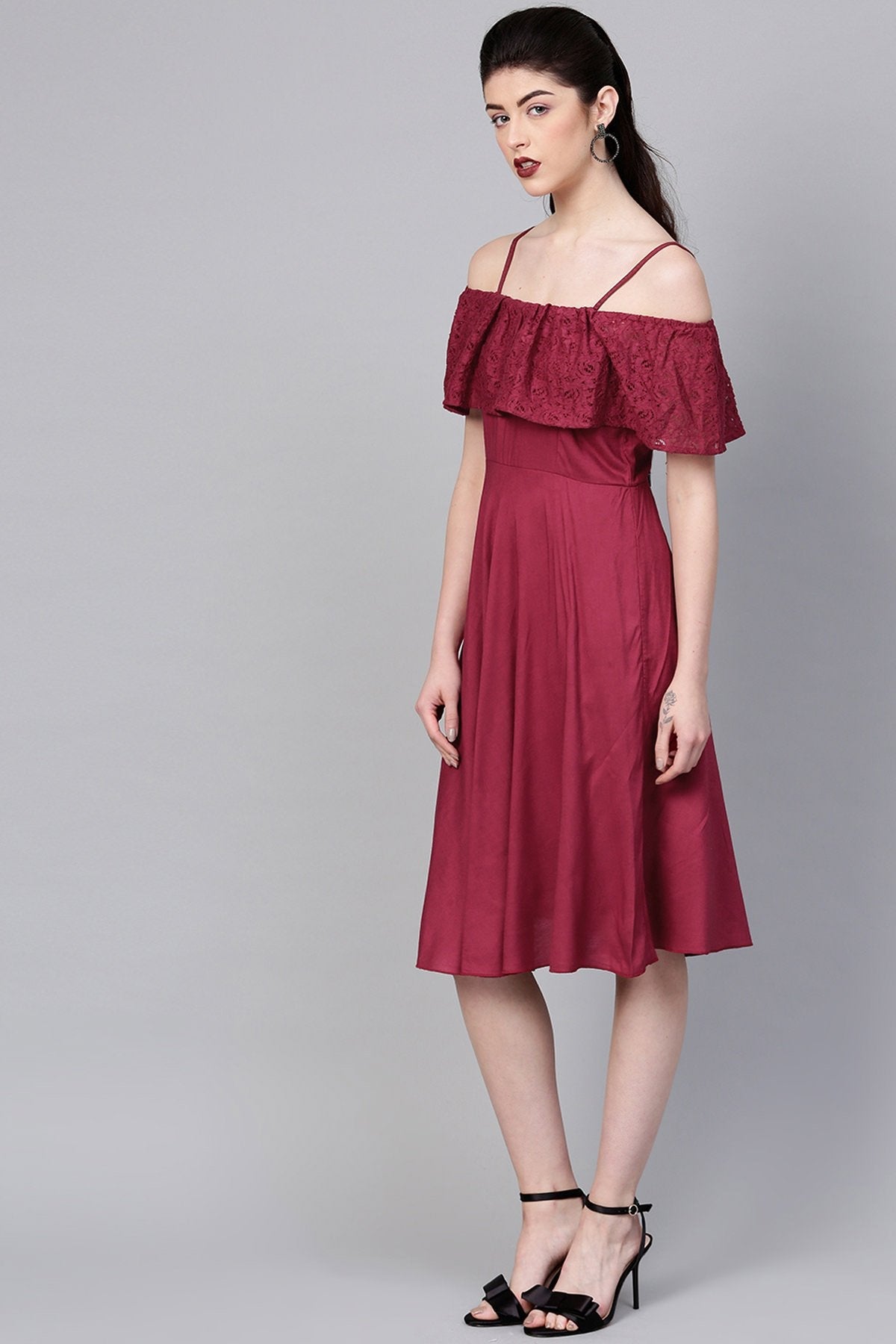 Women's Wine Lace Frill Strappy Layered Midi - SASSAFRAS