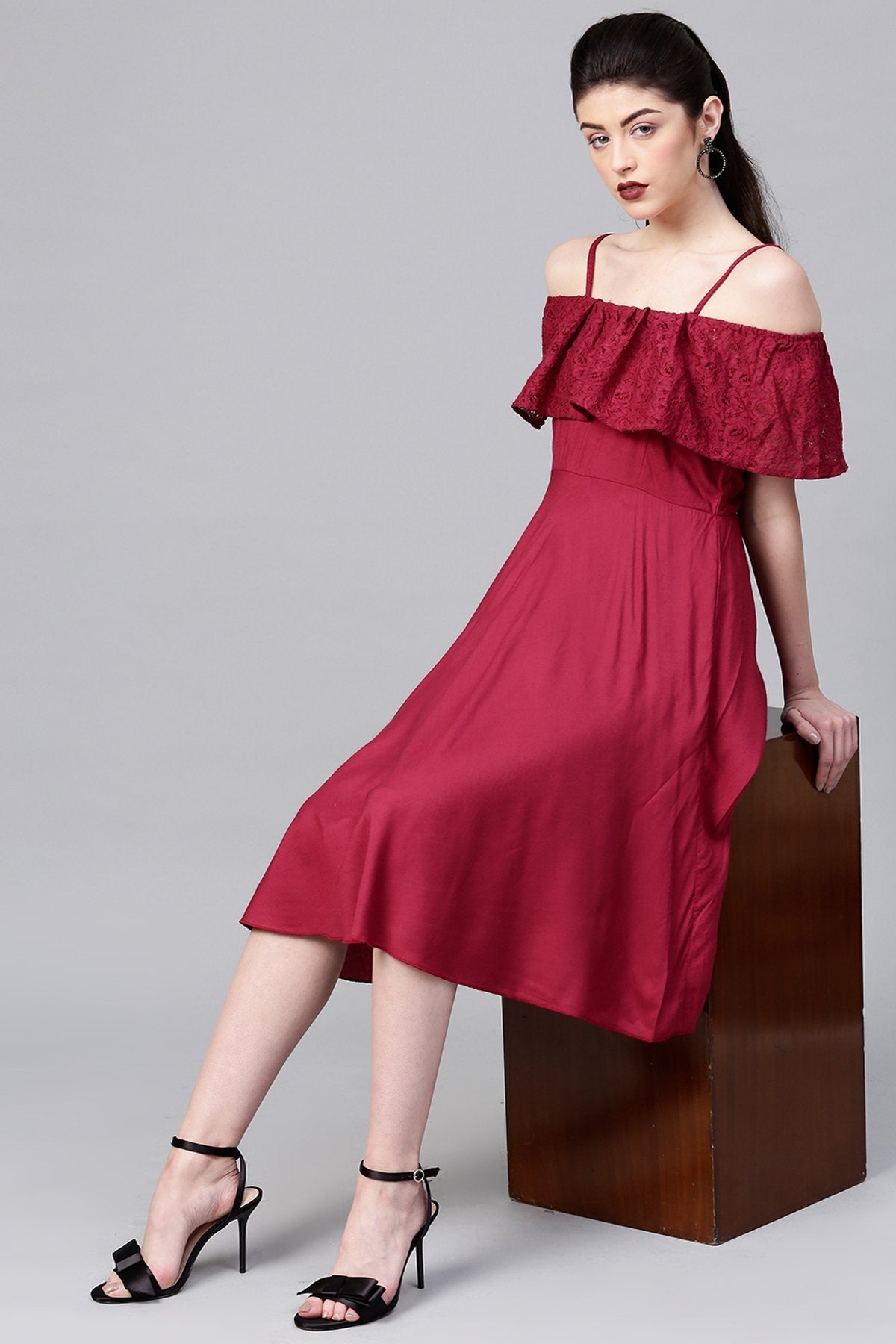 Women's Wine Lace Frill Strappy Layered Midi - SASSAFRAS