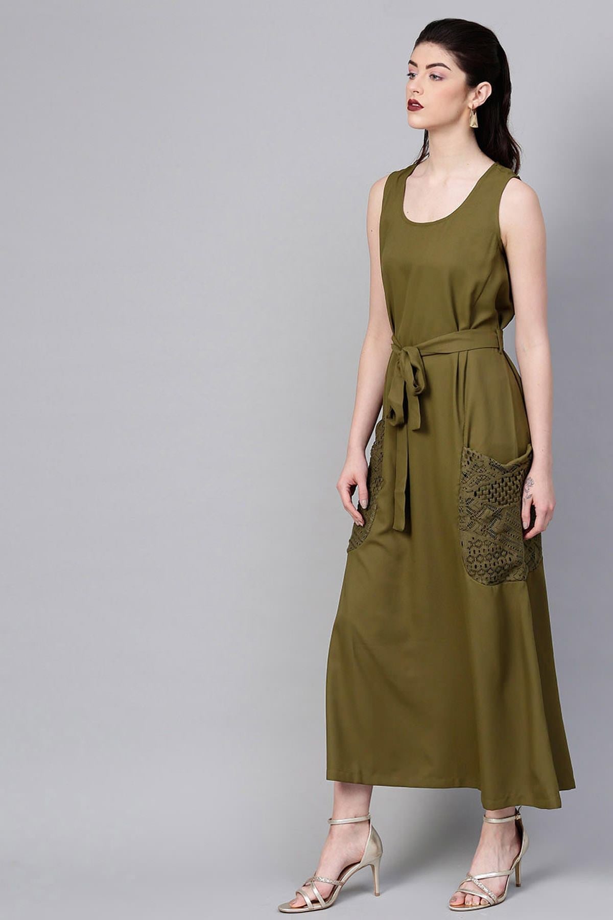 Women's Olive Lace Pocket Maxi - SASSAFRAS