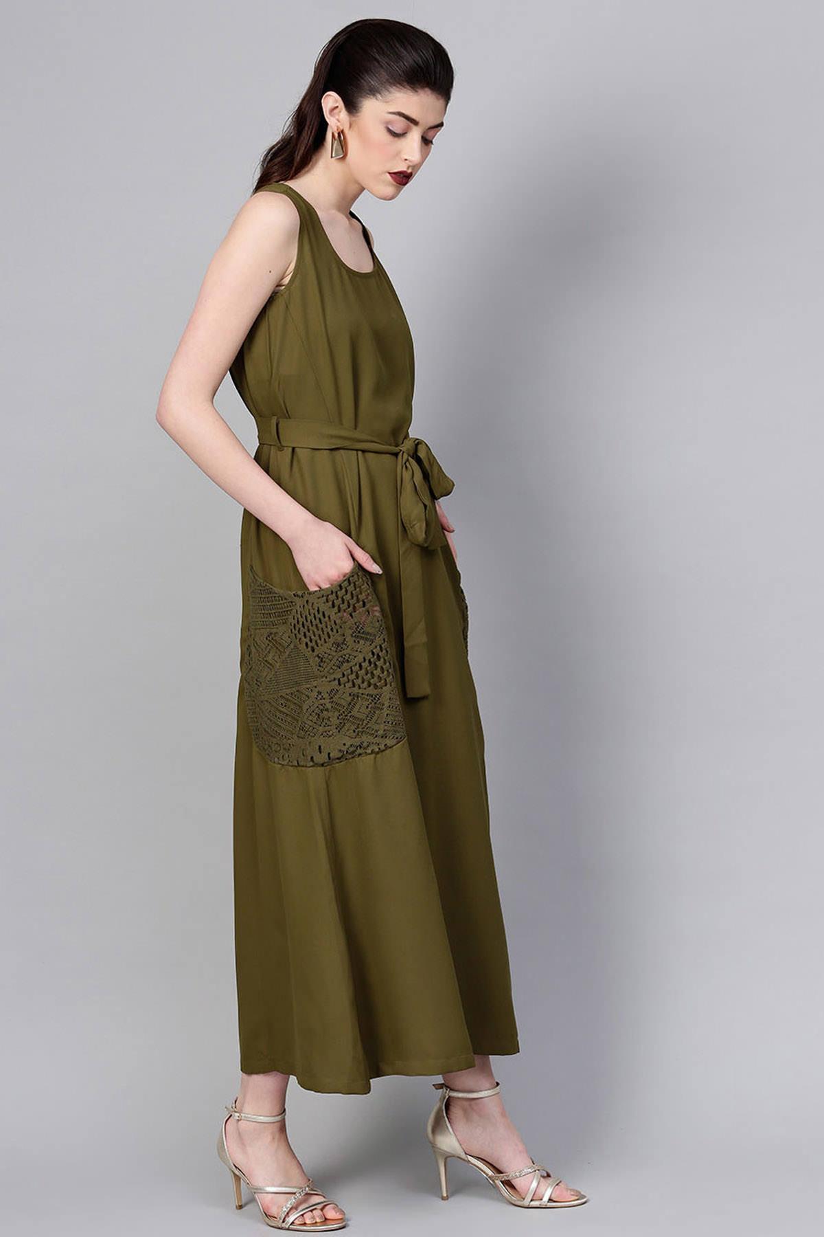 Women's Olive Lace Pocket Maxi - SASSAFRAS