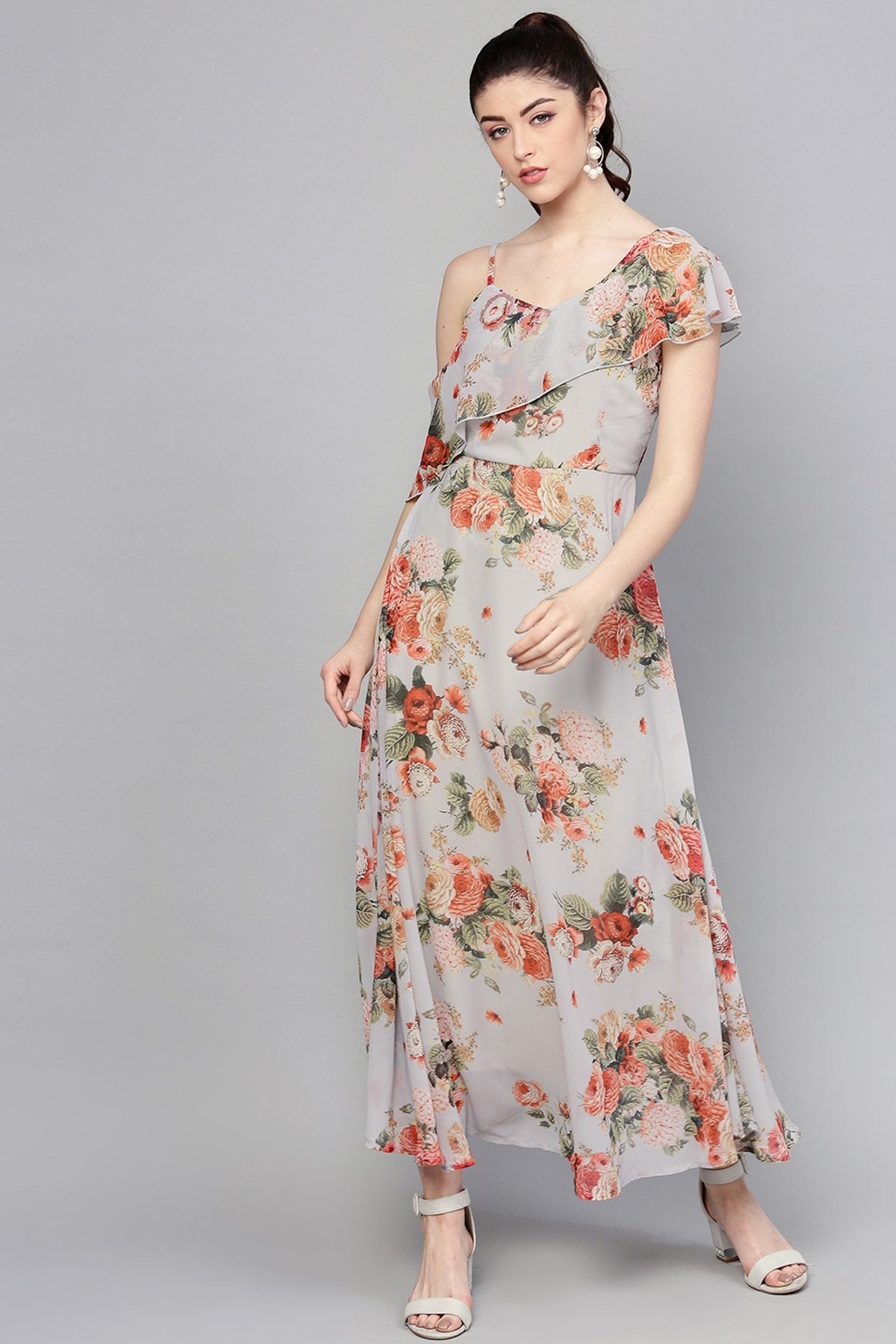 Women's Grey Floral One Side Frill Maxi - SASSAFRAS