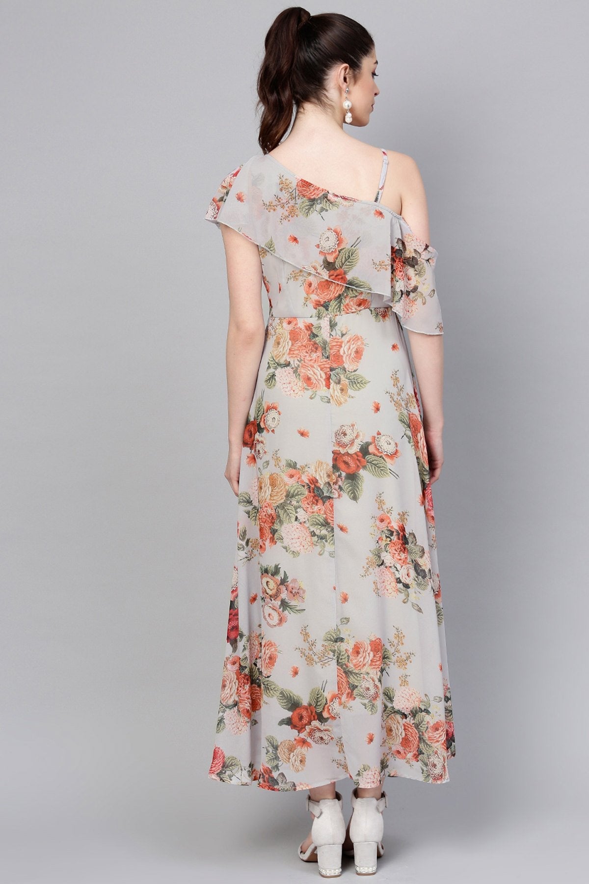 Women's Grey Floral One Side Frill Maxi - SASSAFRAS