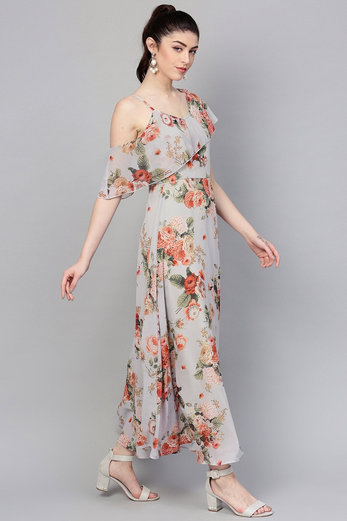 Women's Grey Floral One Side Frill Maxi - SASSAFRAS