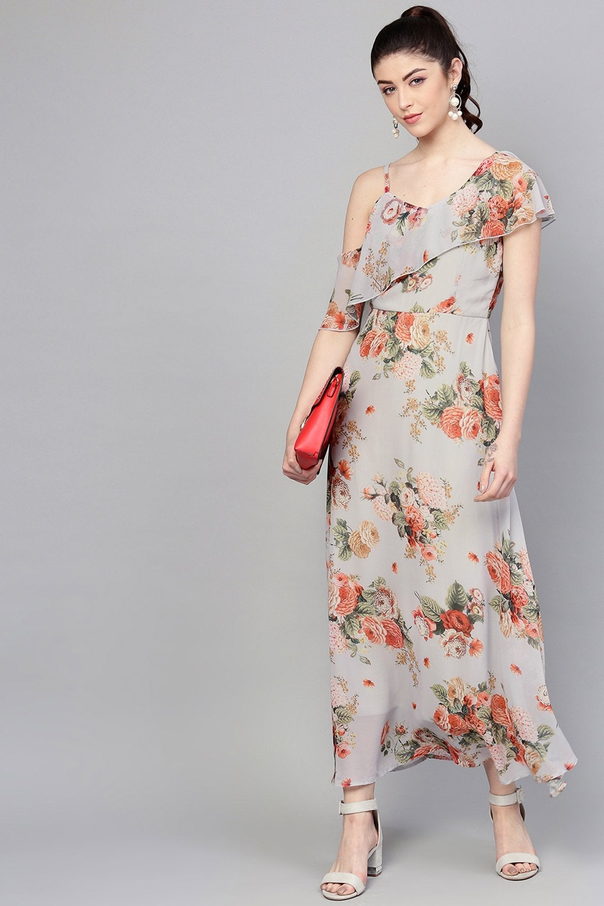 Women's Grey Floral One Side Frill Maxi - SASSAFRAS