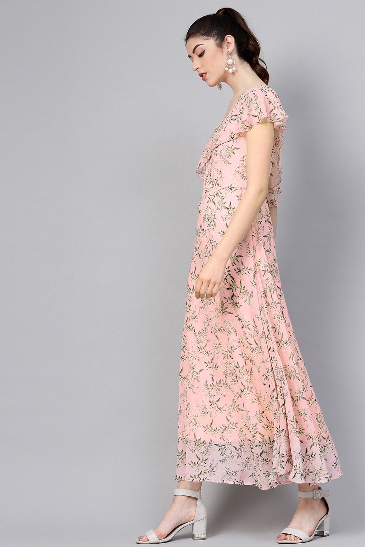 Women's Pink Floral One Side Frill Maxi - SASSAFRAS