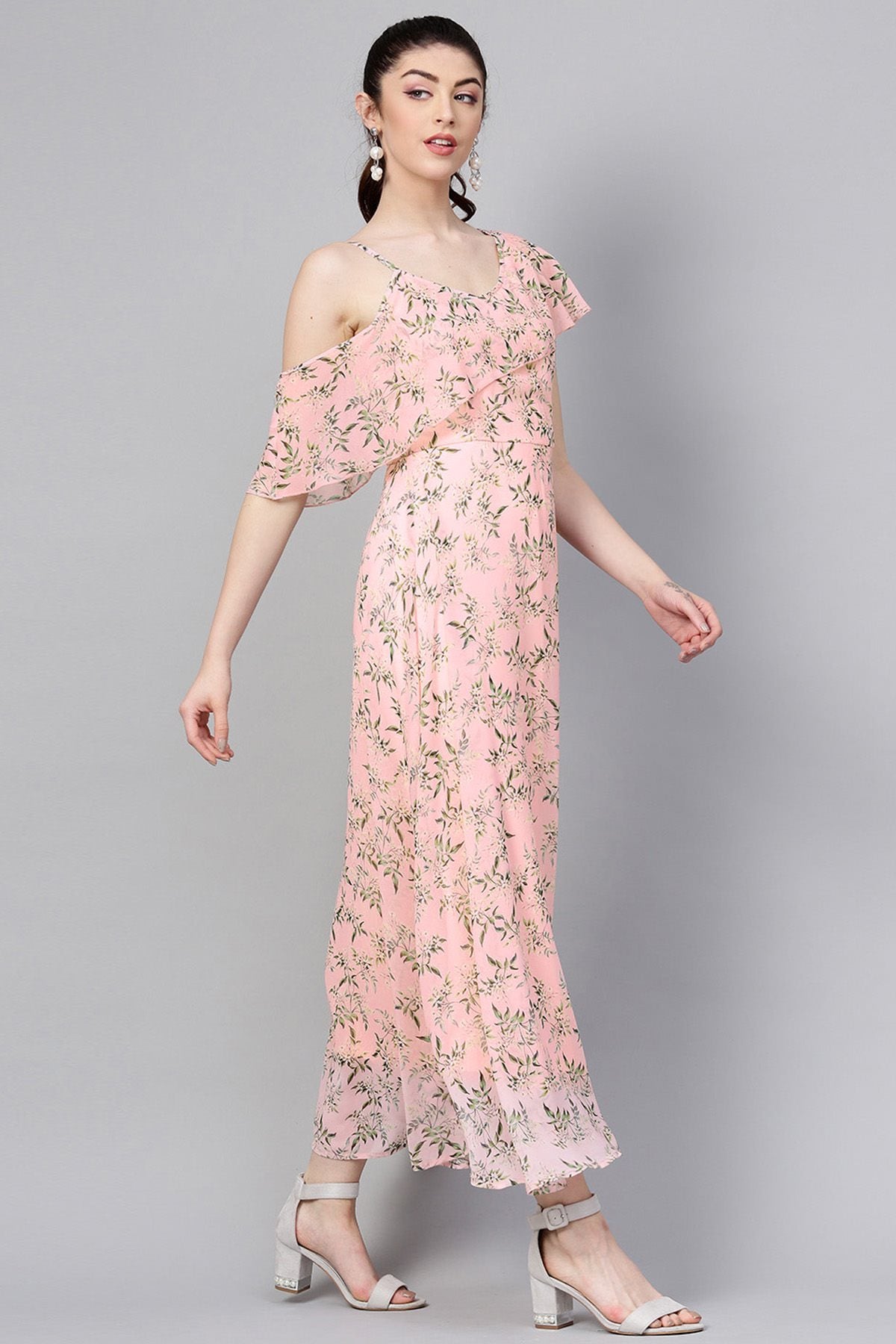 Women's Pink Floral One Side Frill Maxi - SASSAFRAS